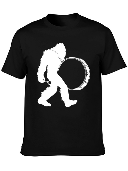 Bigfoot Drummer Black T-Shirt - Cryptid Sasquatch Tee