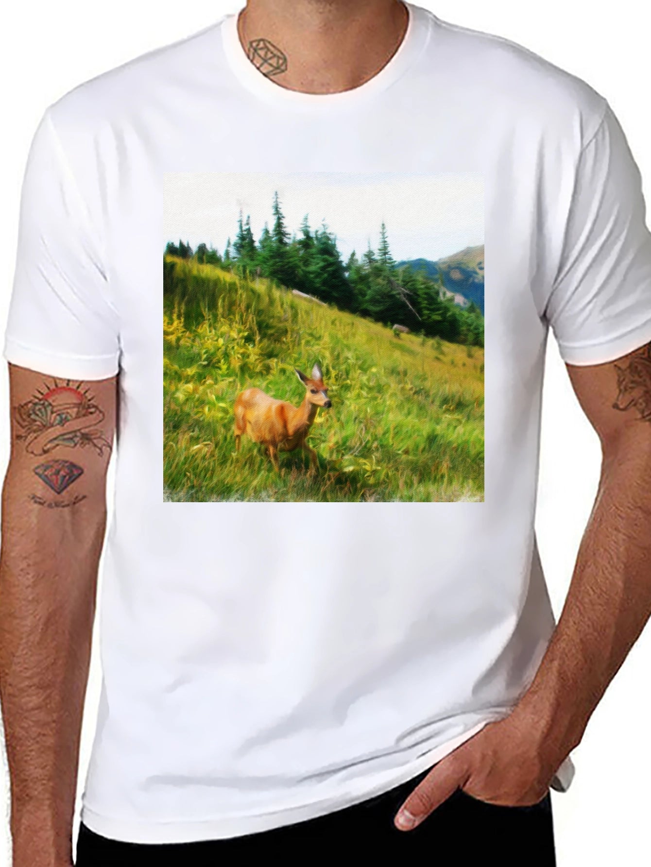 Nature Scene Deer Graphic Tee - Unisex Black T-Shirt