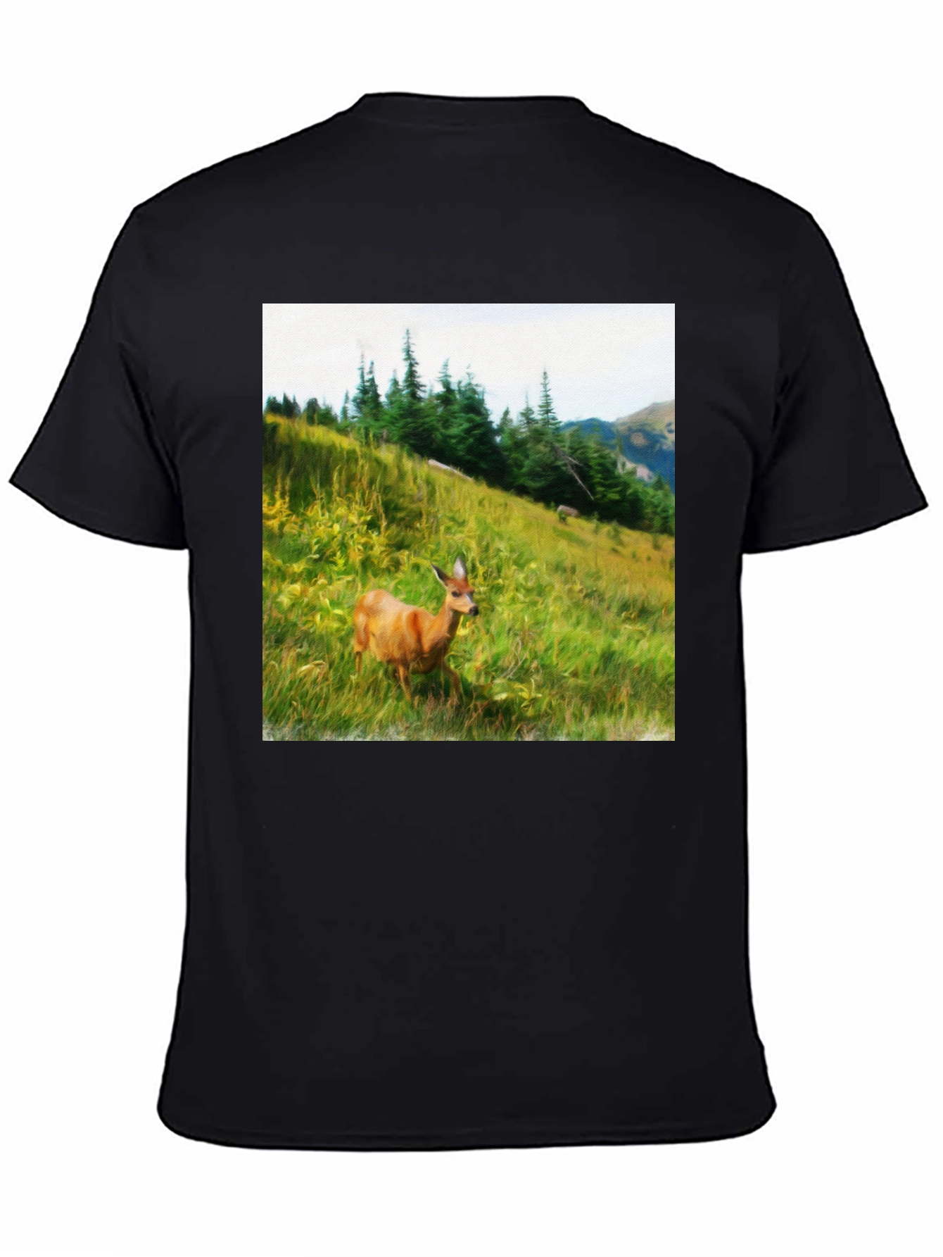 Nature Scene Deer Graphic Tee - Unisex Black T-Shirt