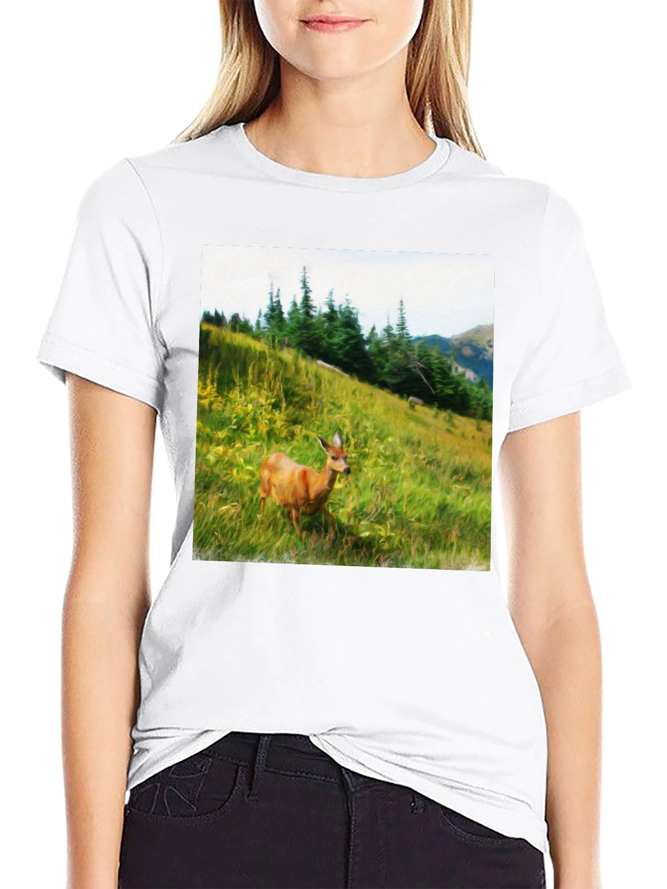 Nature Scene Deer Graphic Tee - Unisex Black T-Shirt