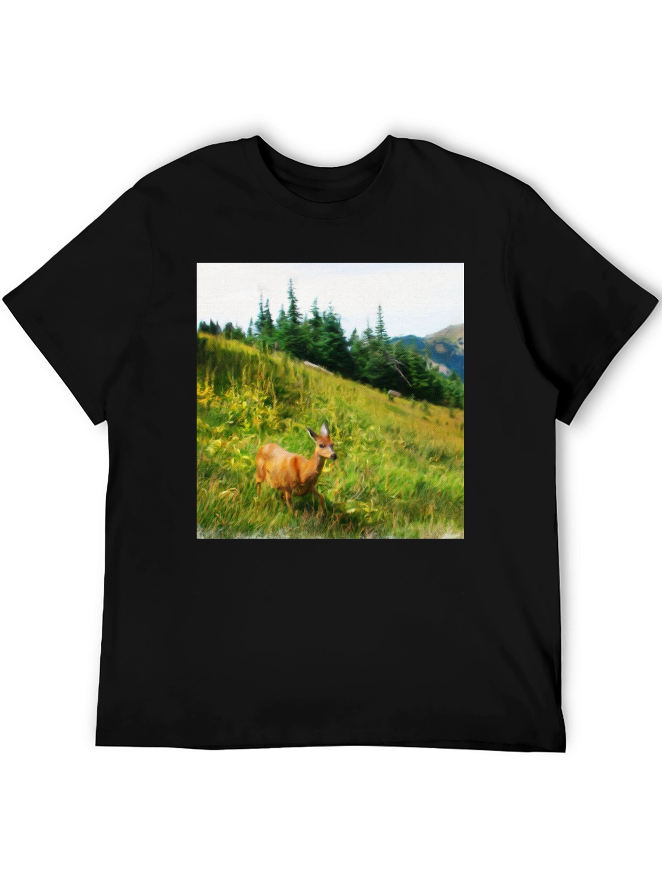 Nature Scene Deer Graphic Tee - Unisex Black T-Shirt