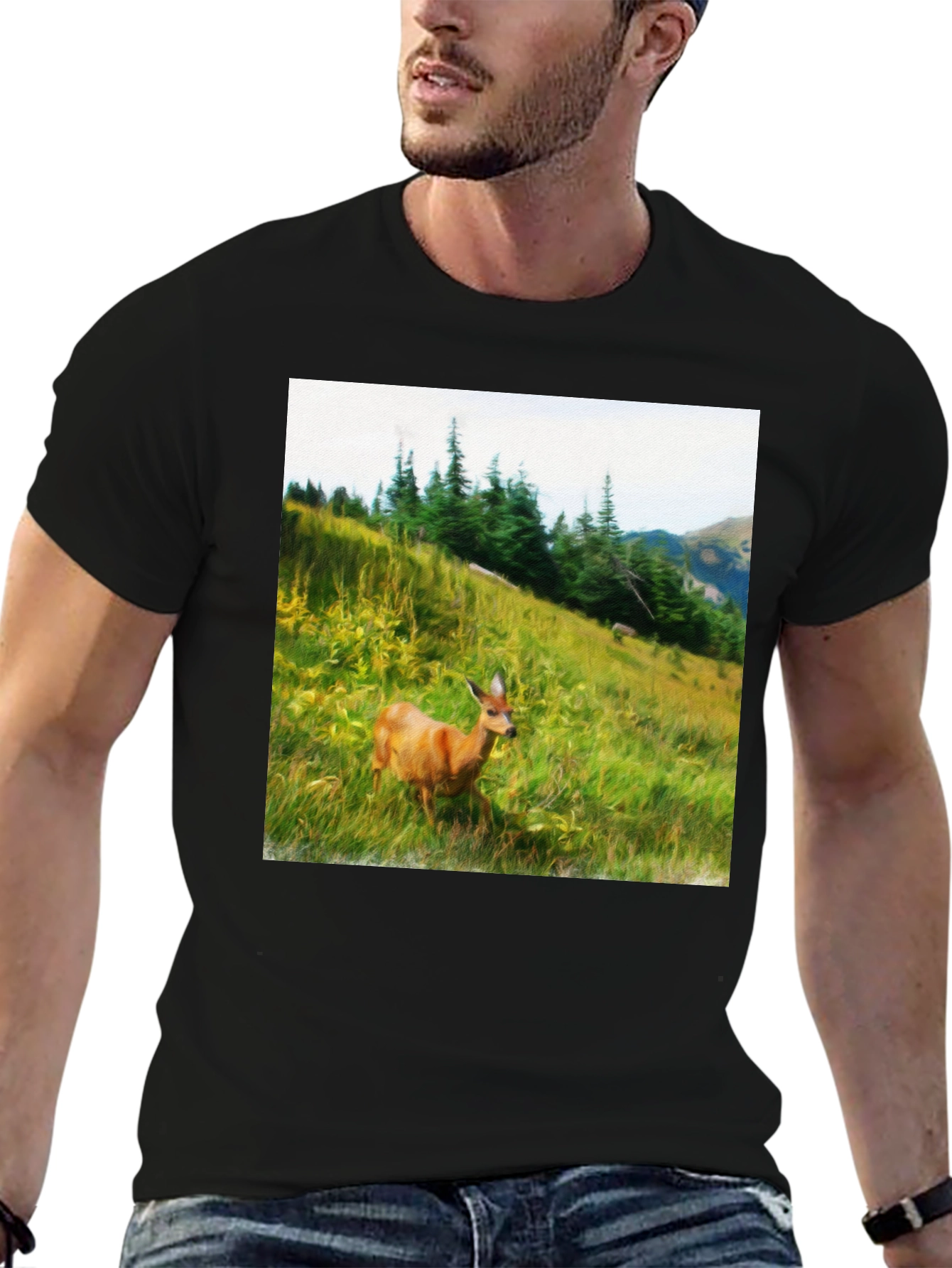Nature Scene Deer Graphic Tee - Unisex Black T-Shirt