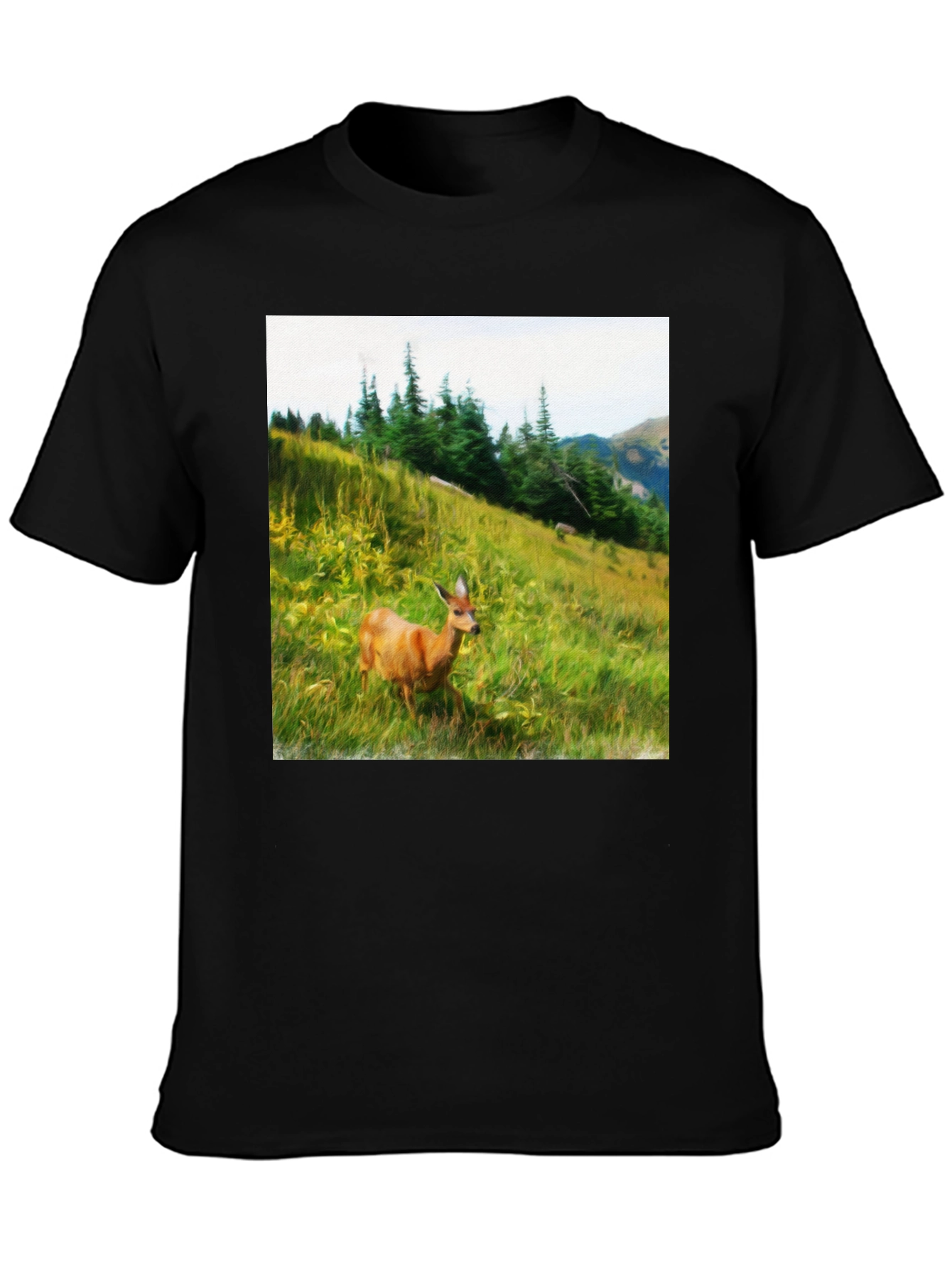 Nature Scene Deer Graphic Tee - Unisex Black T-Shirt