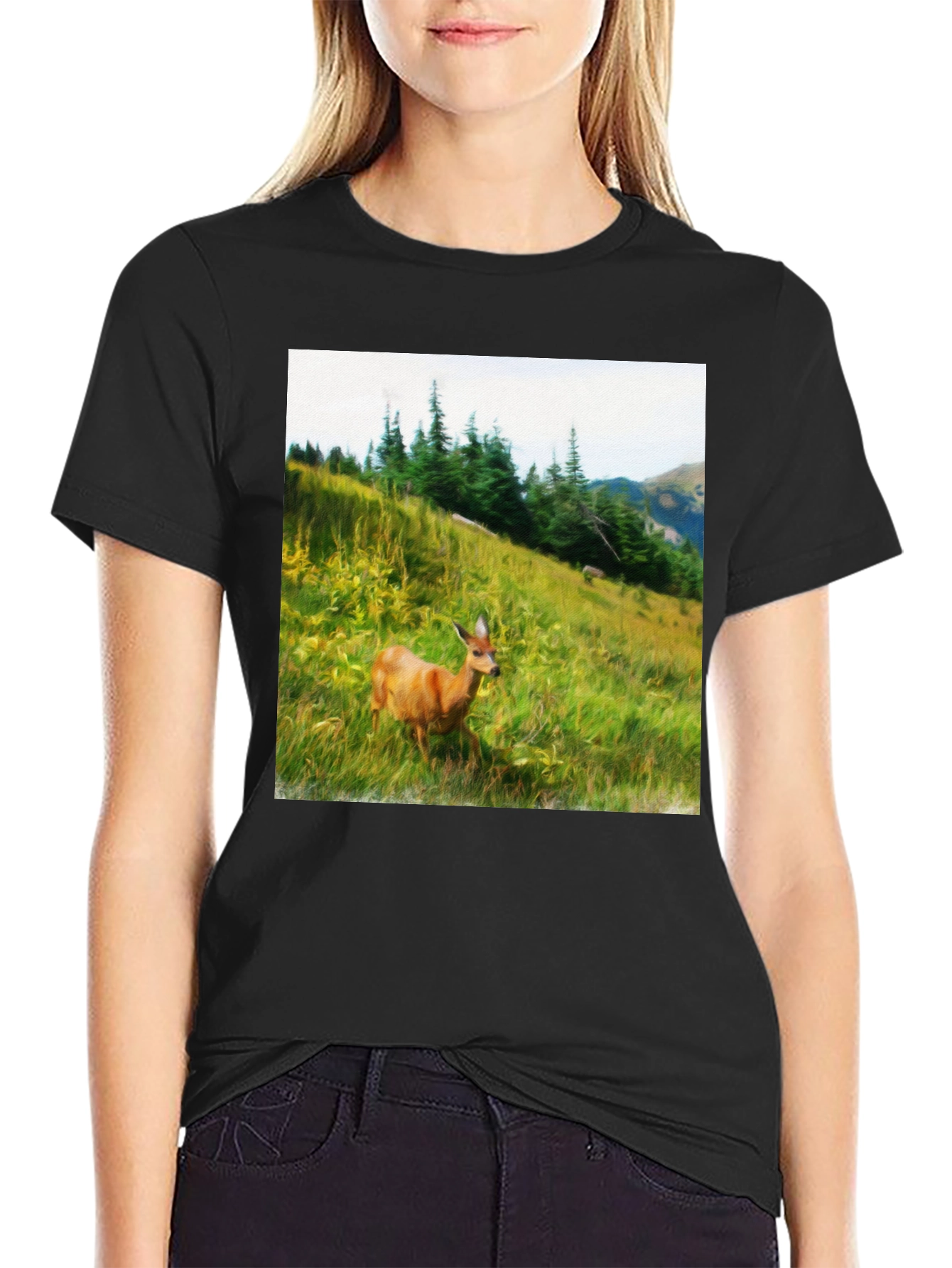 Nature Scene Deer Graphic Tee - Unisex Black T-Shirt