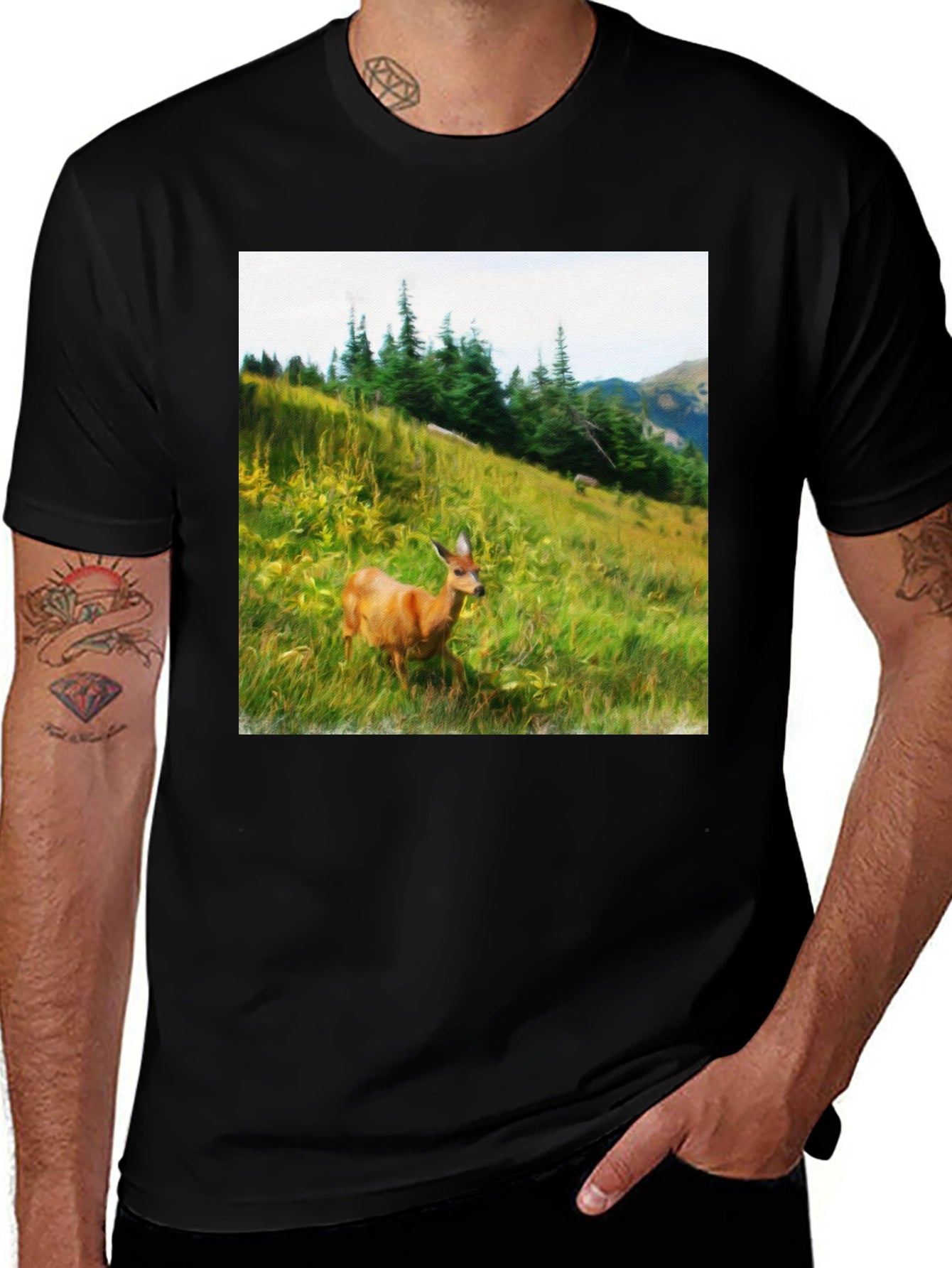 Nature Scene Deer Graphic Tee - Unisex Black T-Shirt