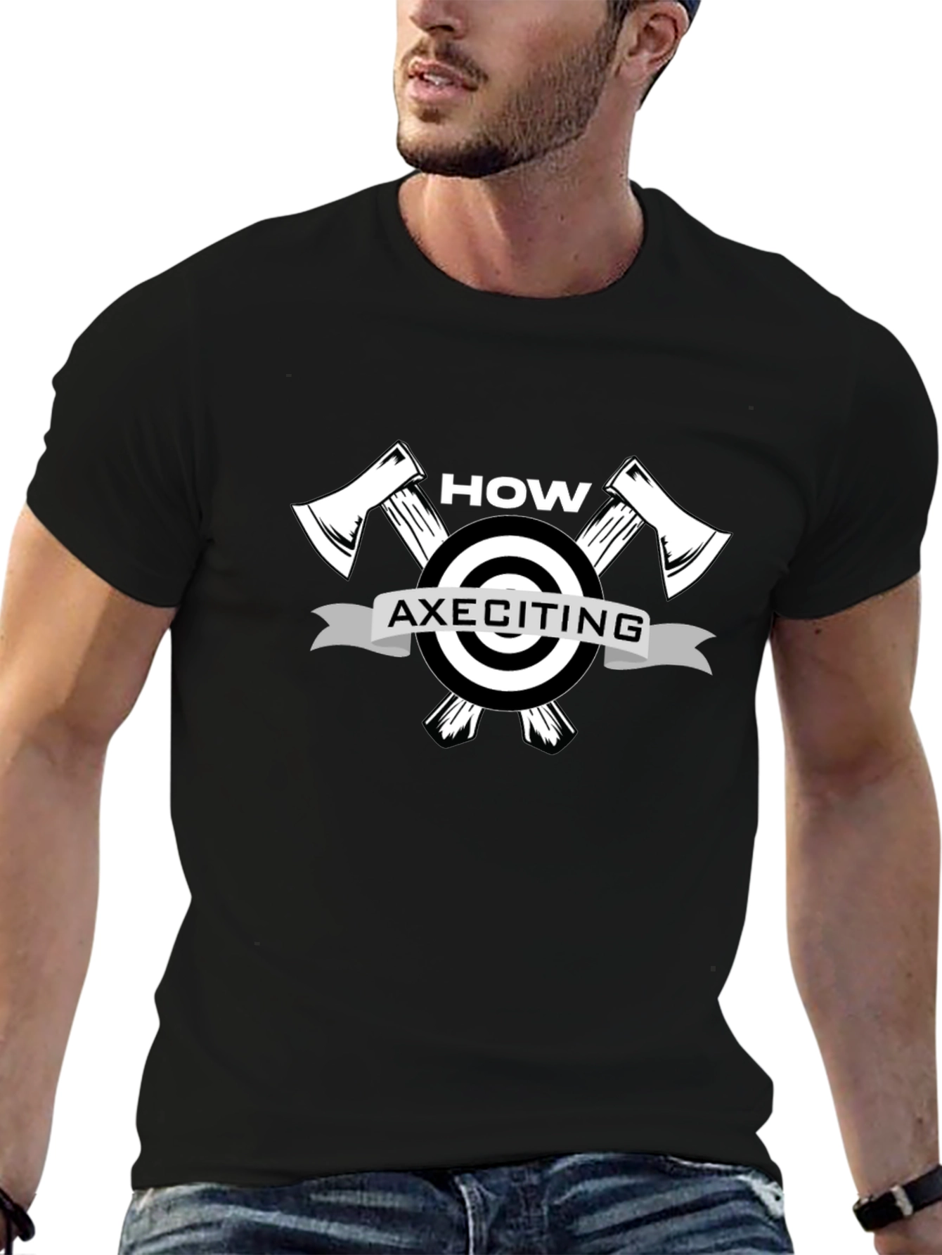 How AXEciting! Lumberjack Humor Black Graphic T-Shirt