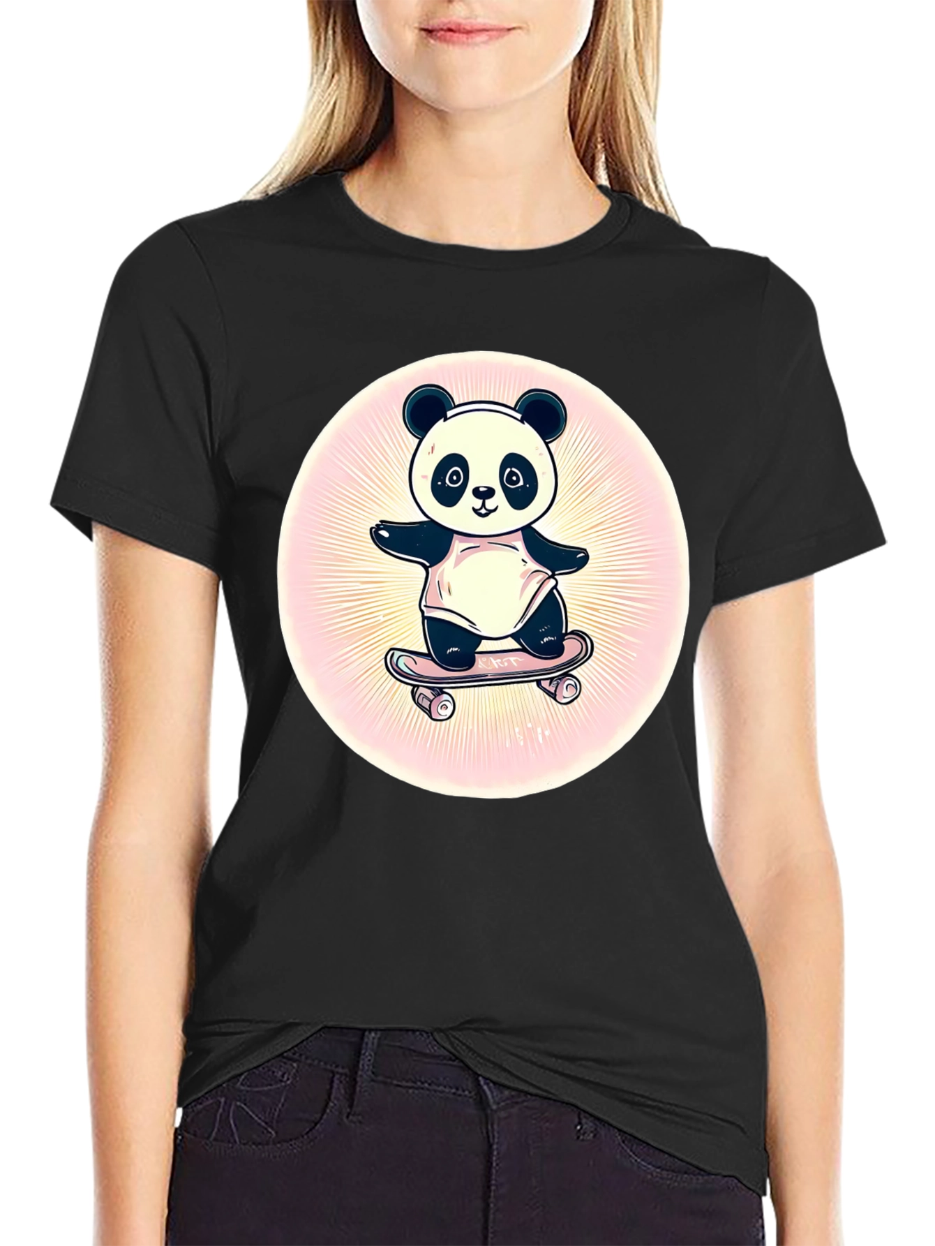 Panda Skateboarder Graphic Tee - Black Cotton Blend