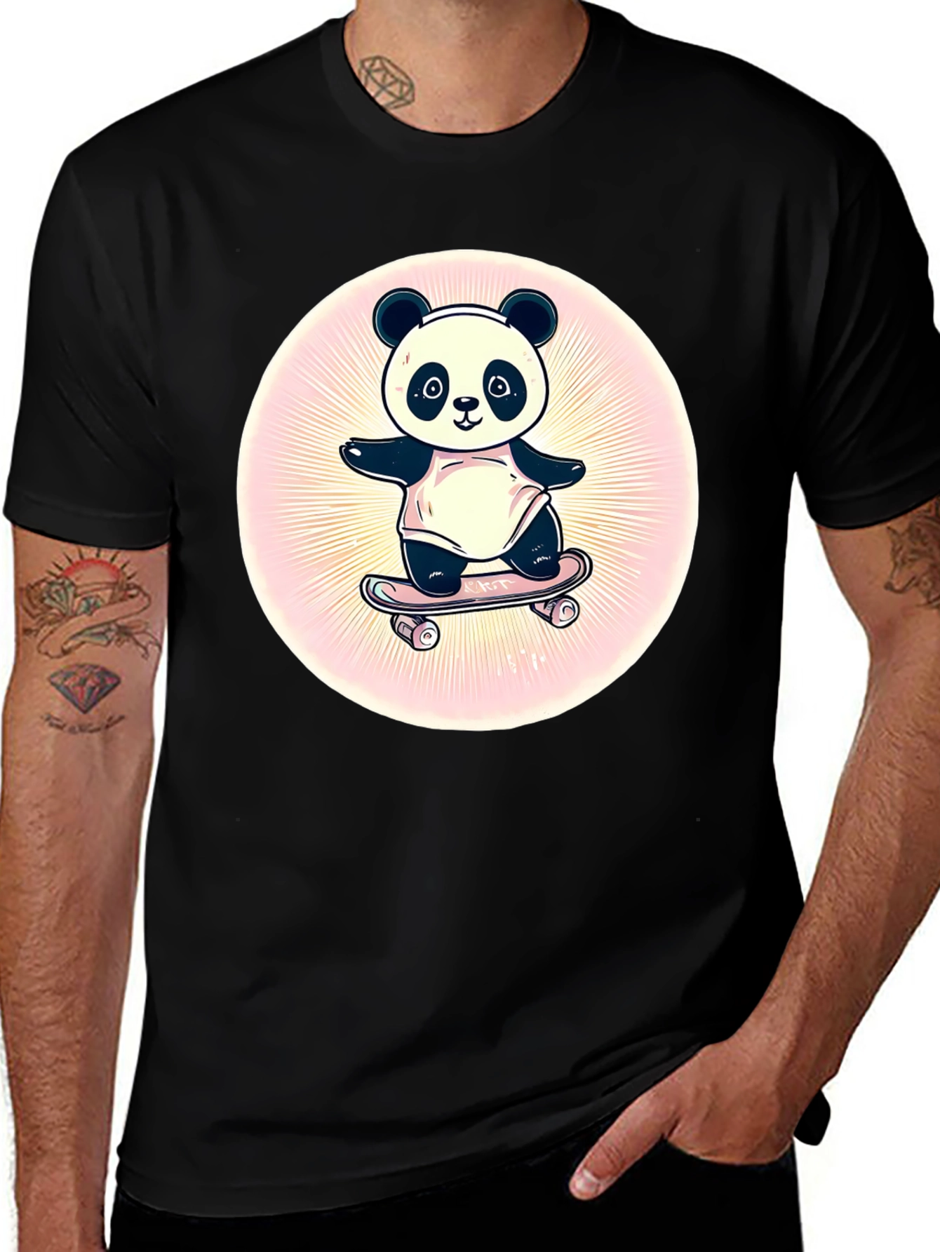 Panda Skateboarder Graphic Tee - Black Cotton Blend