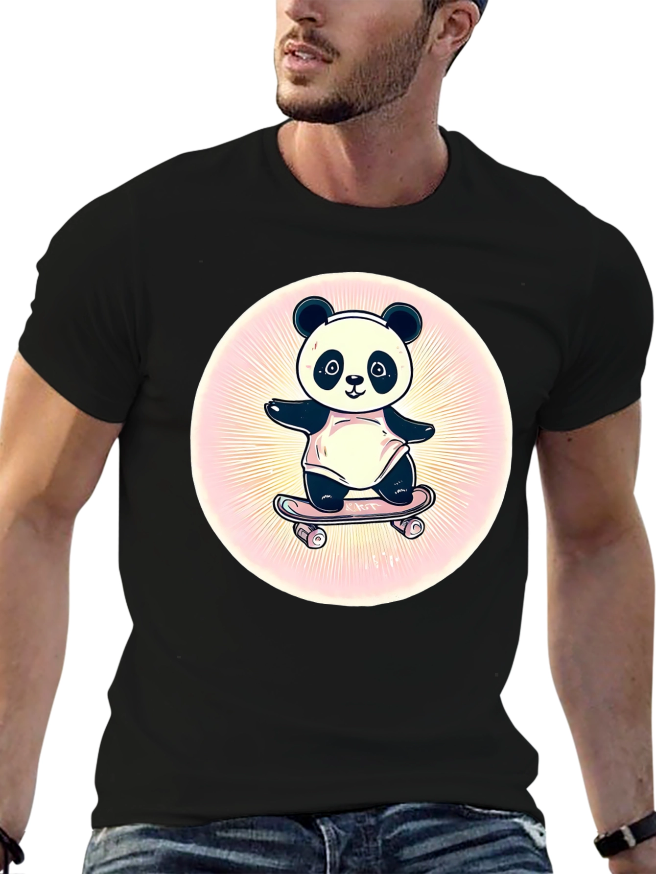 Panda Skateboarder Graphic Tee - Black Cotton Blend