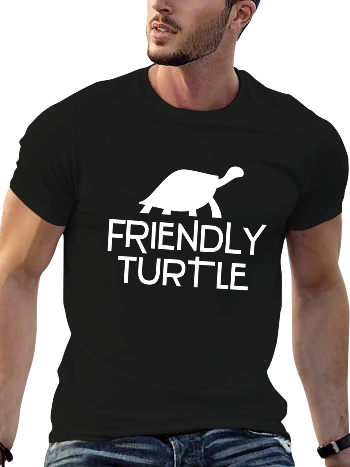 Friendly Turtle Graphic Tee - Black Cotton T-Shirt