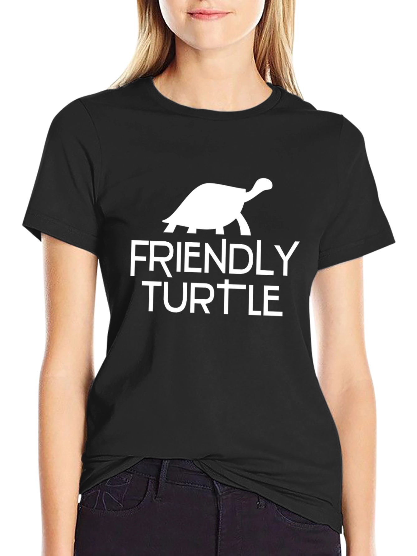 Friendly Turtle Graphic Tee - Black Cotton T-Shirt