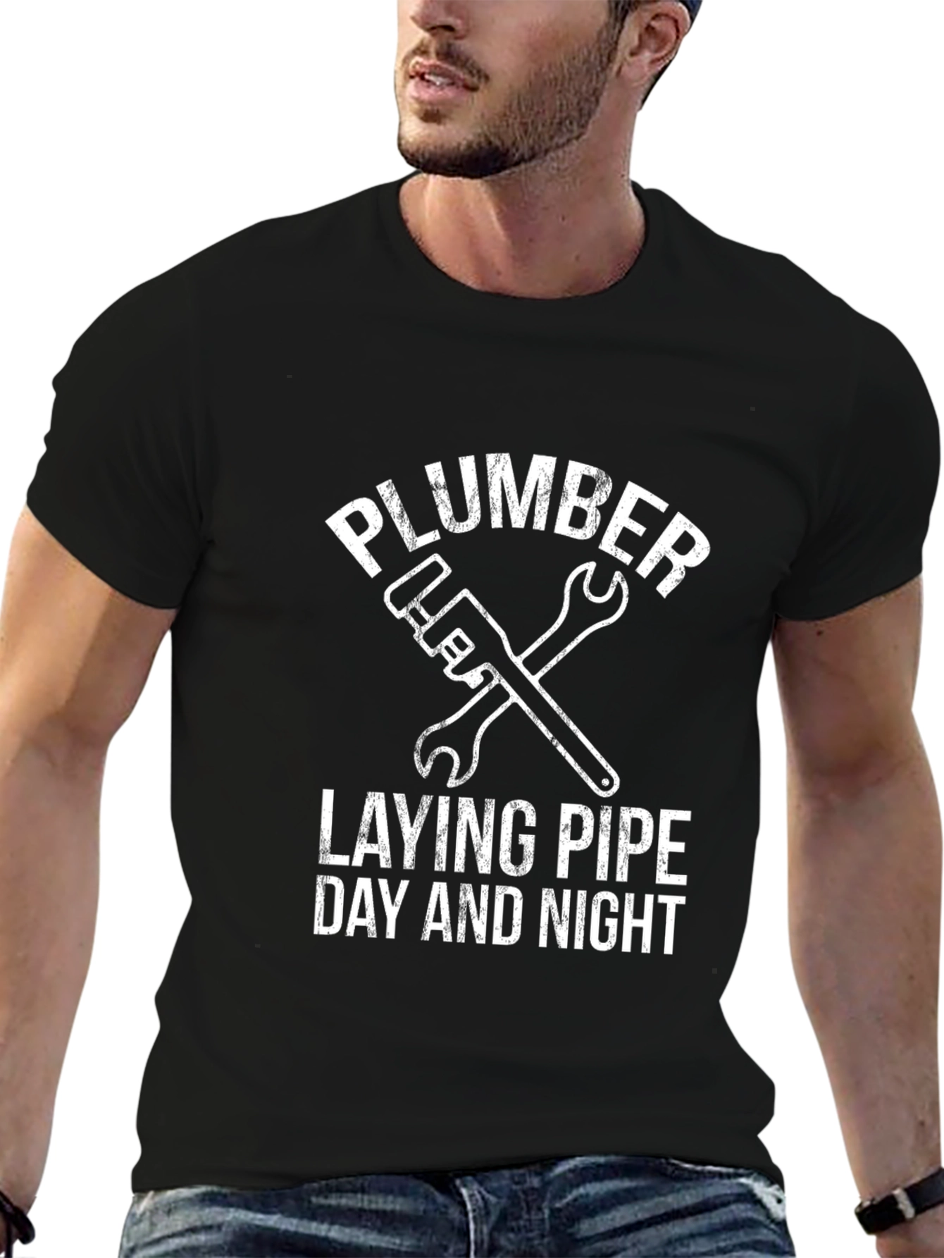 Plumber Laying Pipe Day and Night Graphic T-Shirt