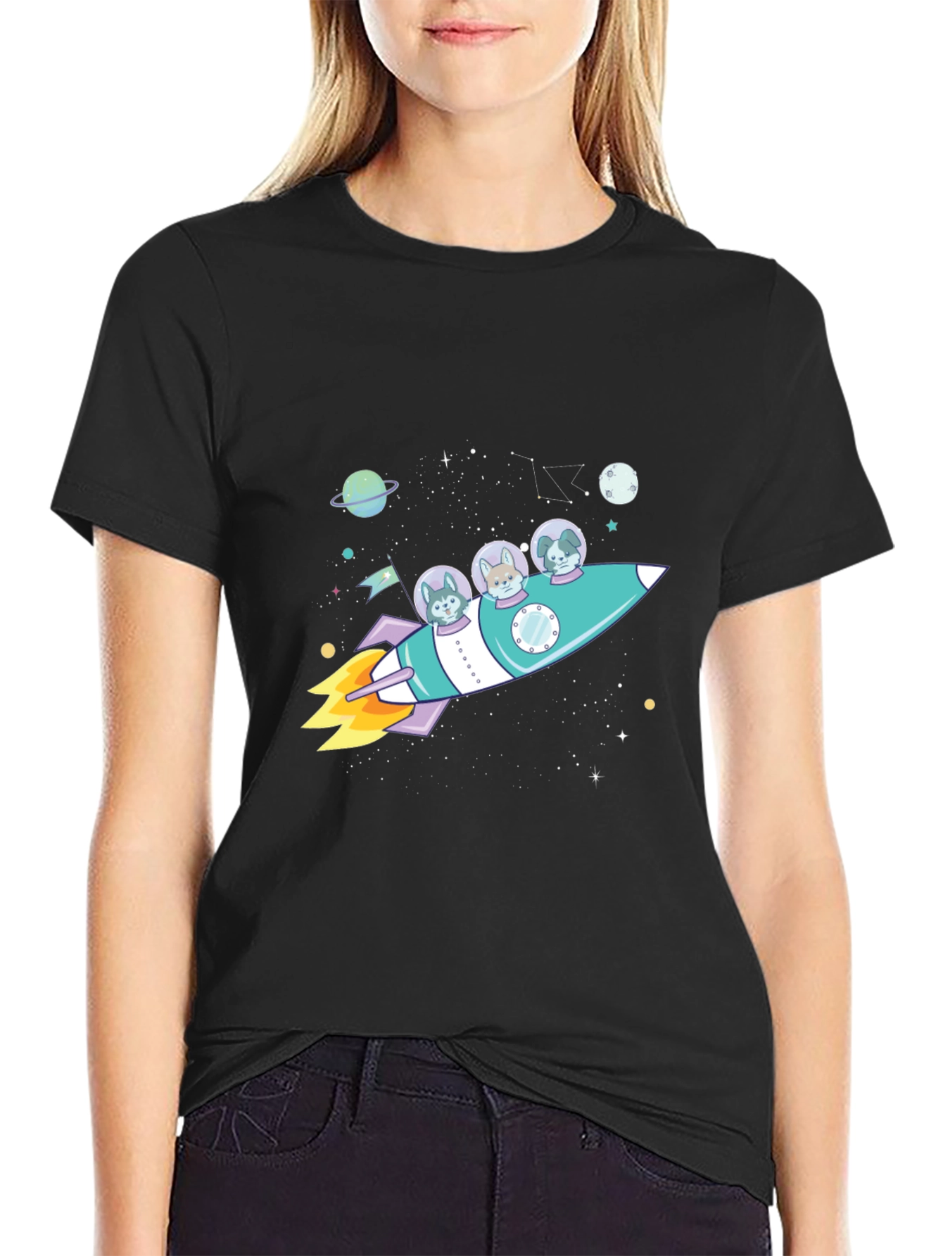 Dogs in Space Rocket Graphic T-Shirt