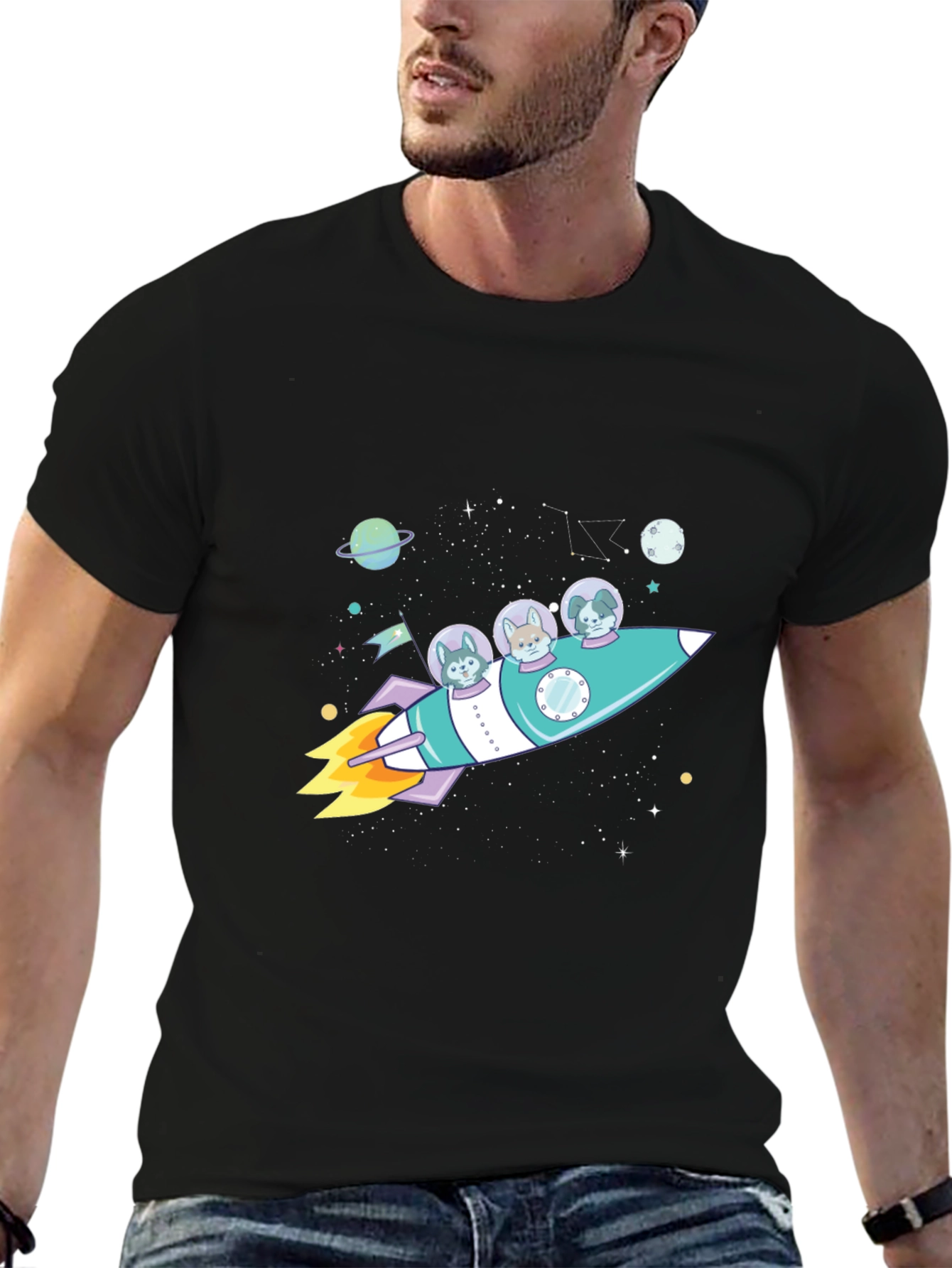 Dogs in Space Rocket Graphic T-Shirt