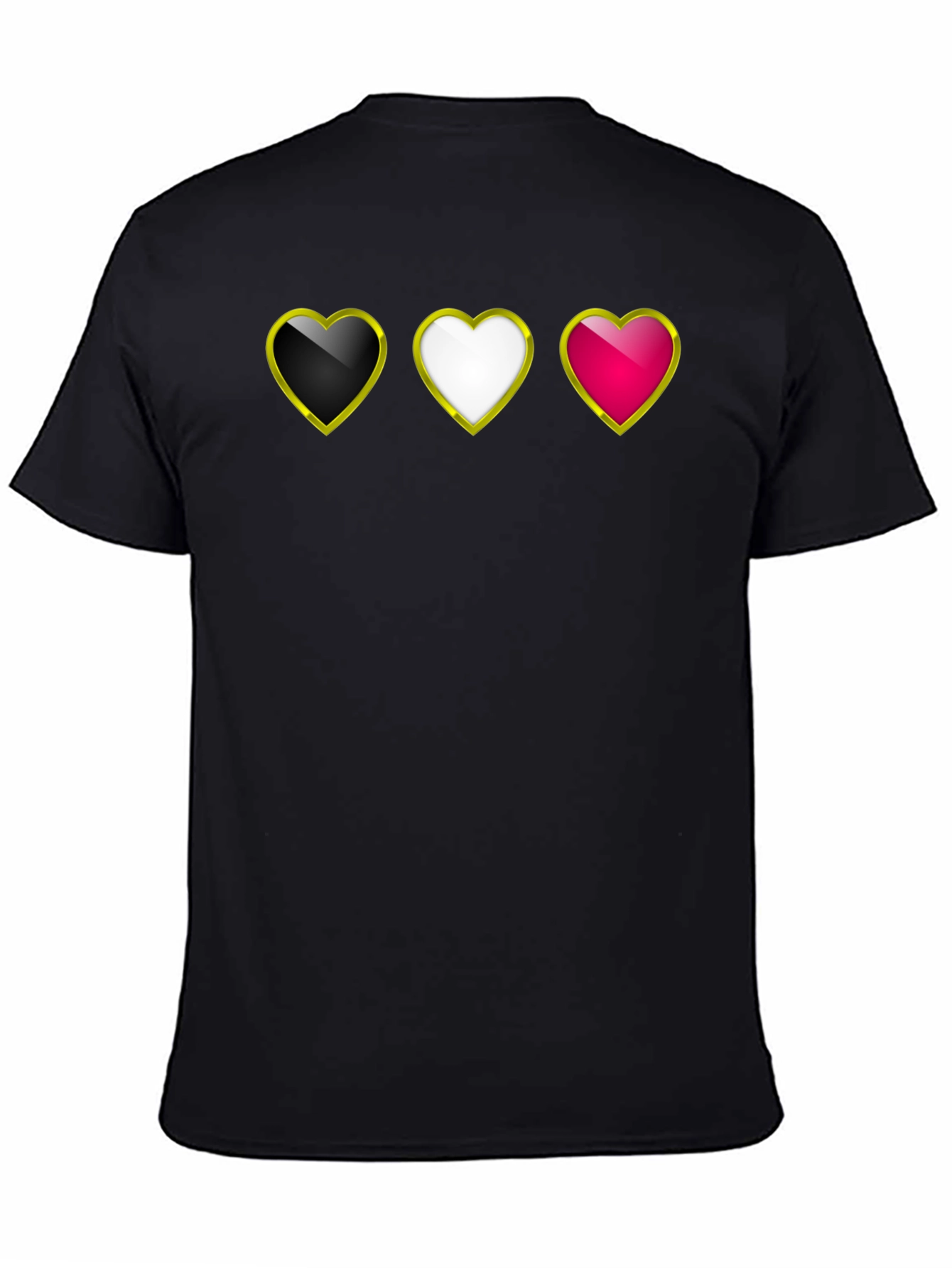 Heart Trio Black T-Shirt: Gold Trim Hearts Design