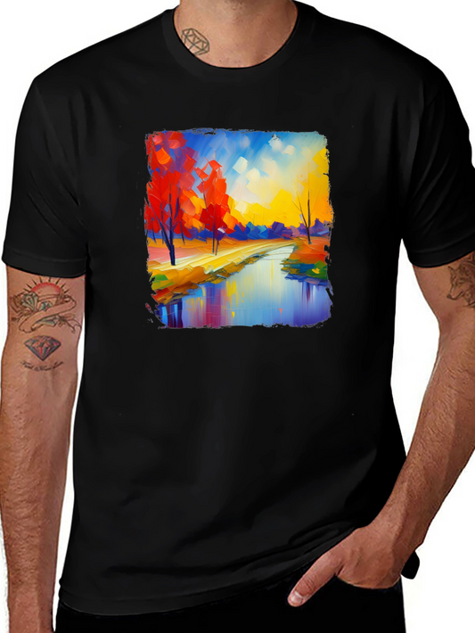 Vibrant Autumn Landscape Graphic Tee - Black Cotton Casual Shirt