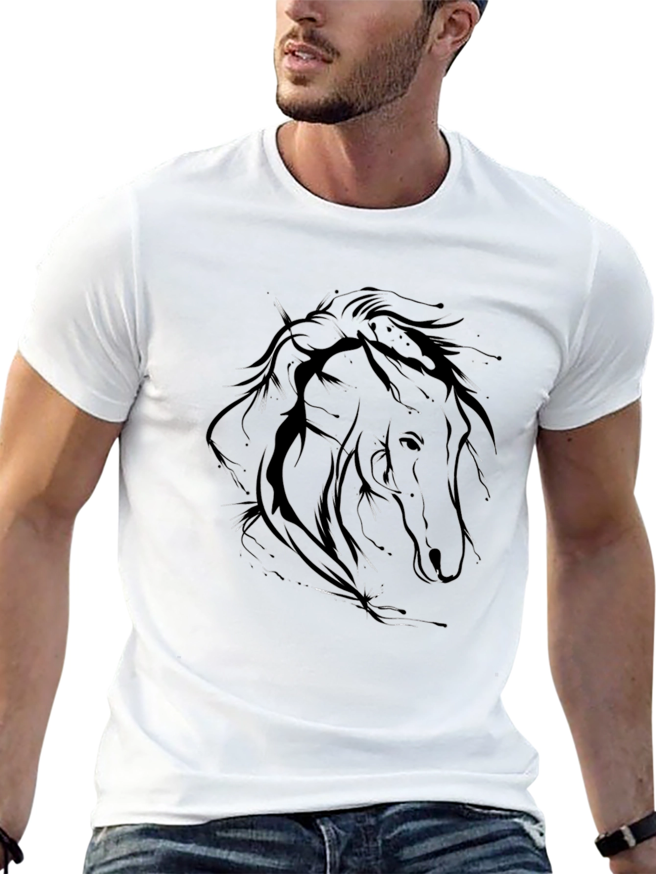 Mens Black Horse Outline Graphic T-Shirt