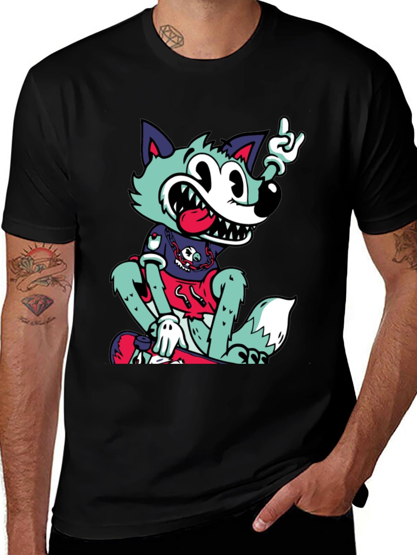 Cartoon Wolf Graphic Black Tee