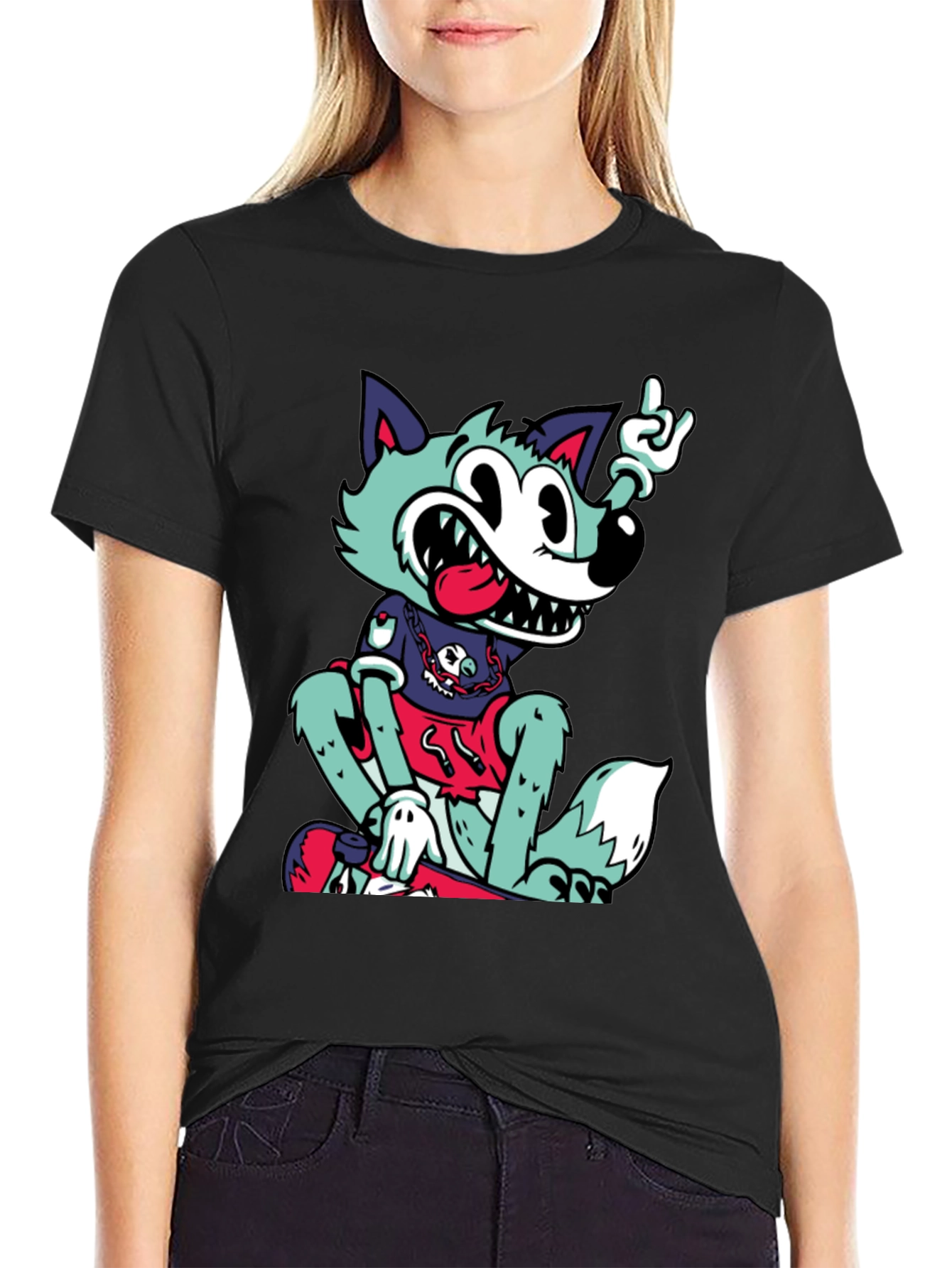 Cartoon Wolf Graphic Black Tee