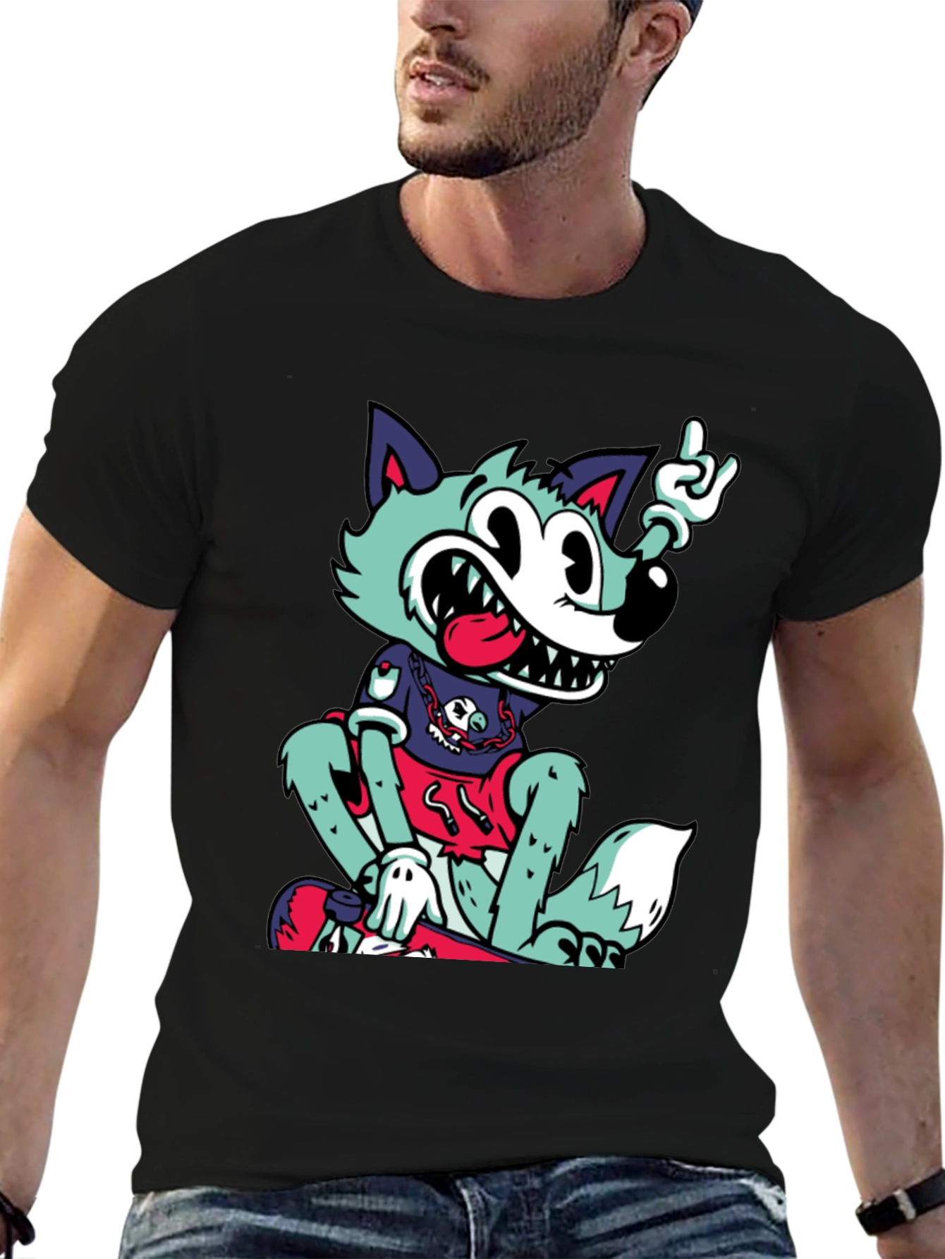 Cartoon Wolf Graphic Black Tee