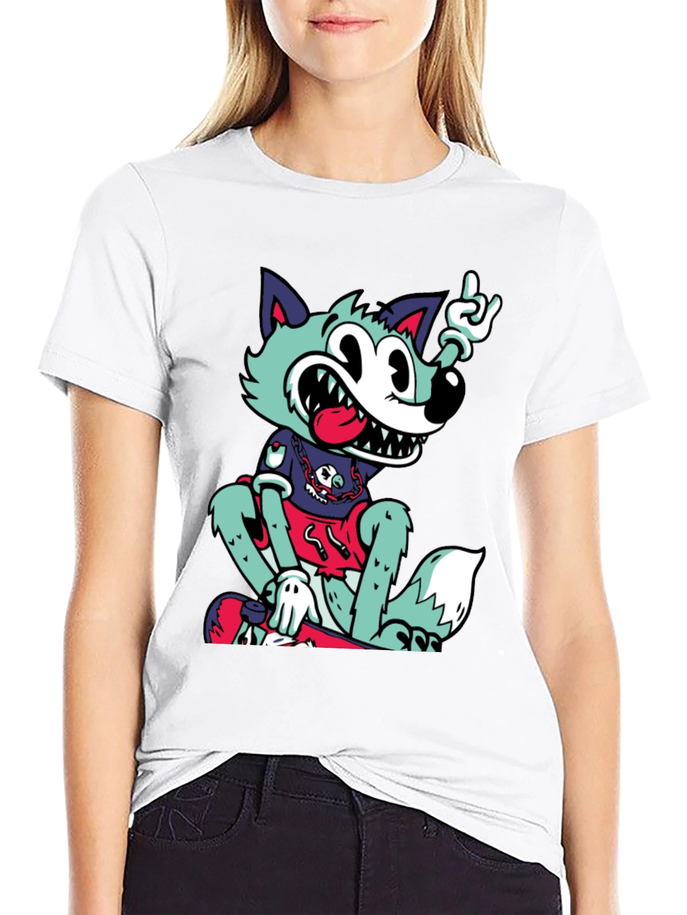 Cartoon Wolf Graphic Black Tee
