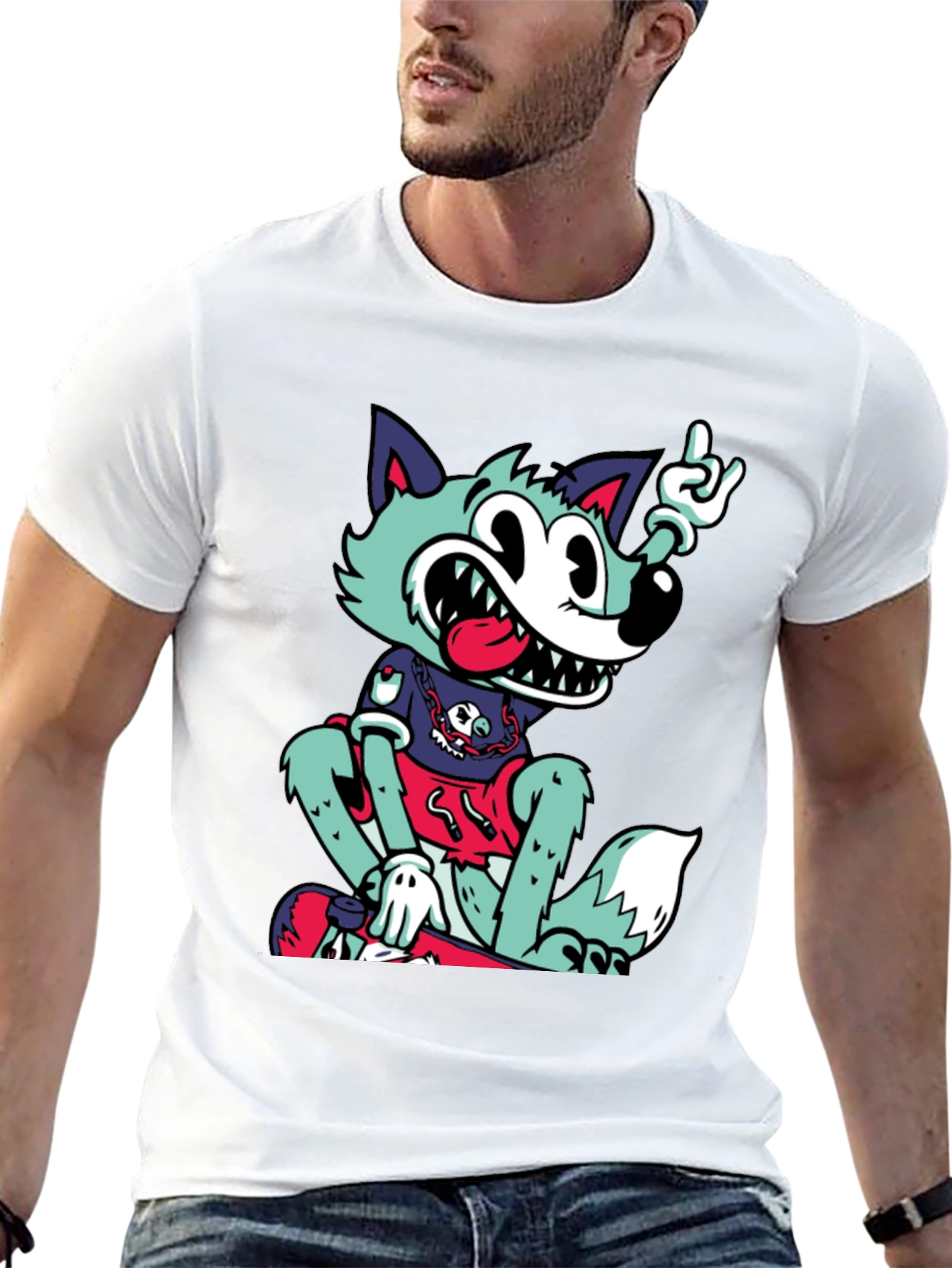 Cartoon Wolf Graphic Black Tee