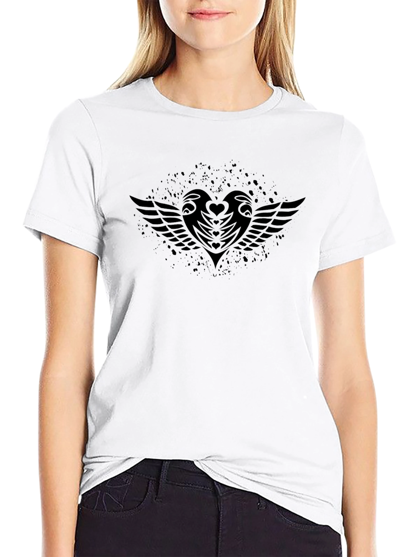 Black Graphic Tee - Heart and Wings