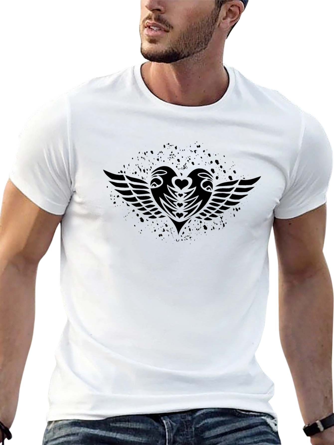 Black Graphic Tee - Heart and Wings