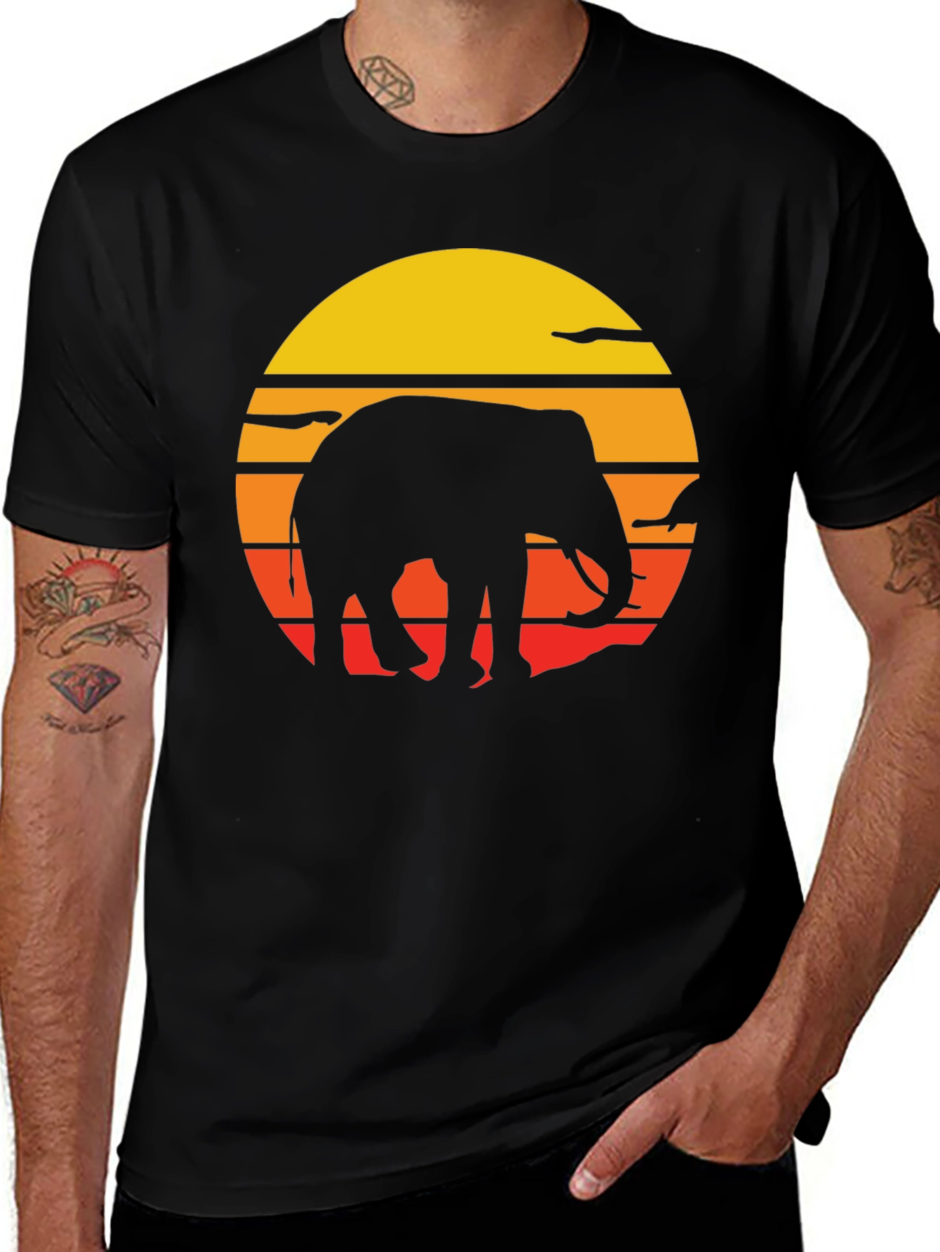 Elephant Sunset Graphic Tee - Black Cotton T-Shirt