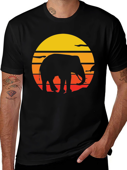 Elephant Sunset Graphic Tee - Black Cotton T-Shirt