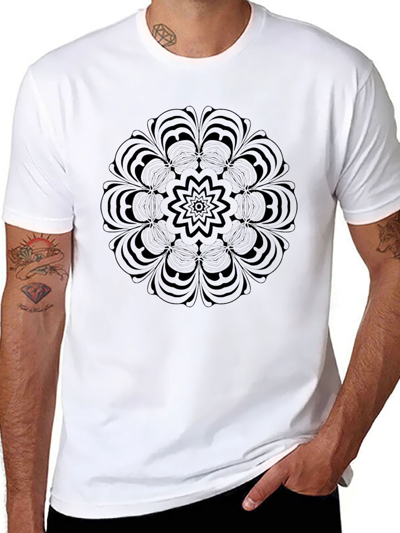 Black Mandala Print Crew Neck T-Shirt