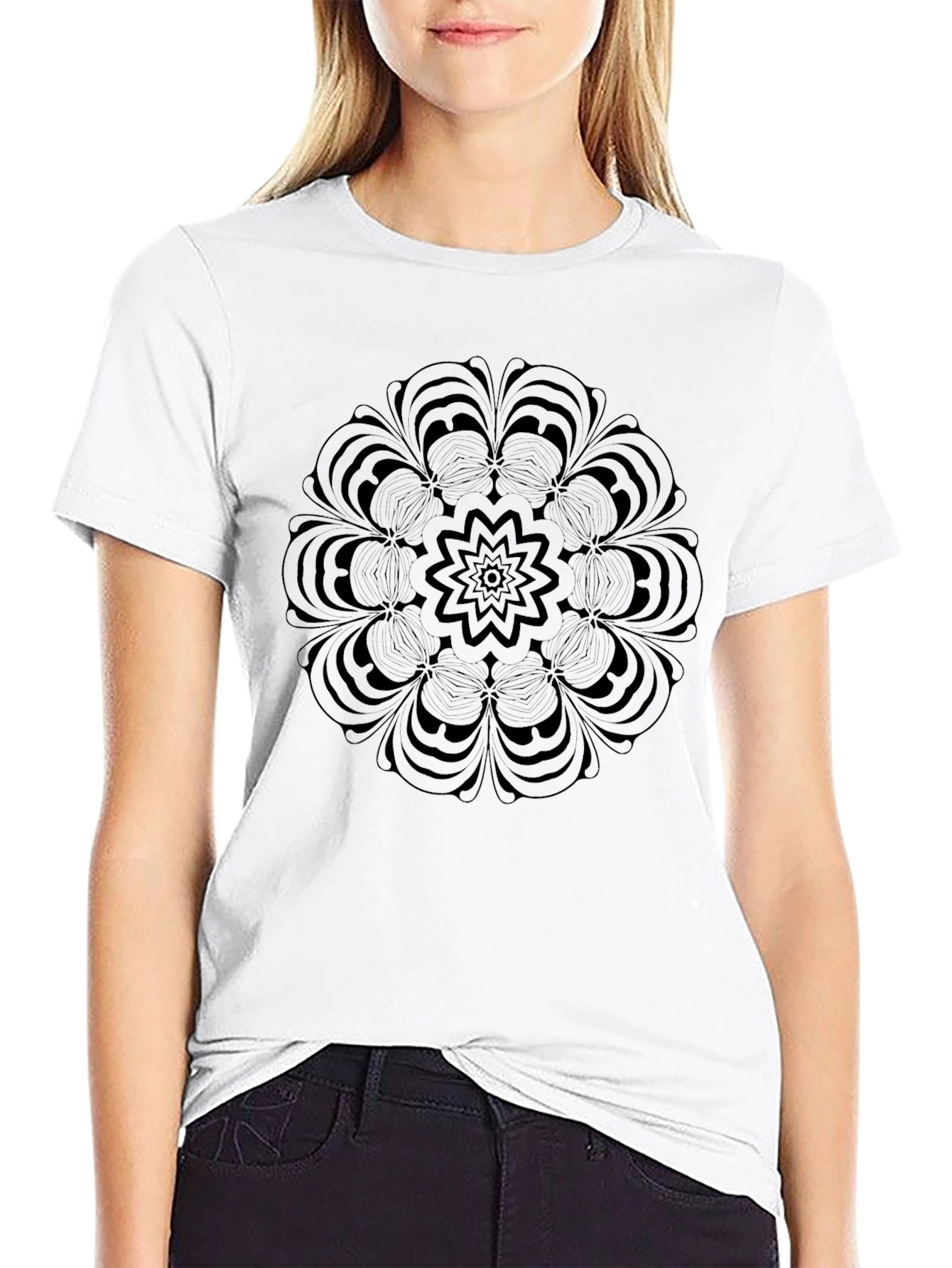 Black Mandala Print Crew Neck T-Shirt
