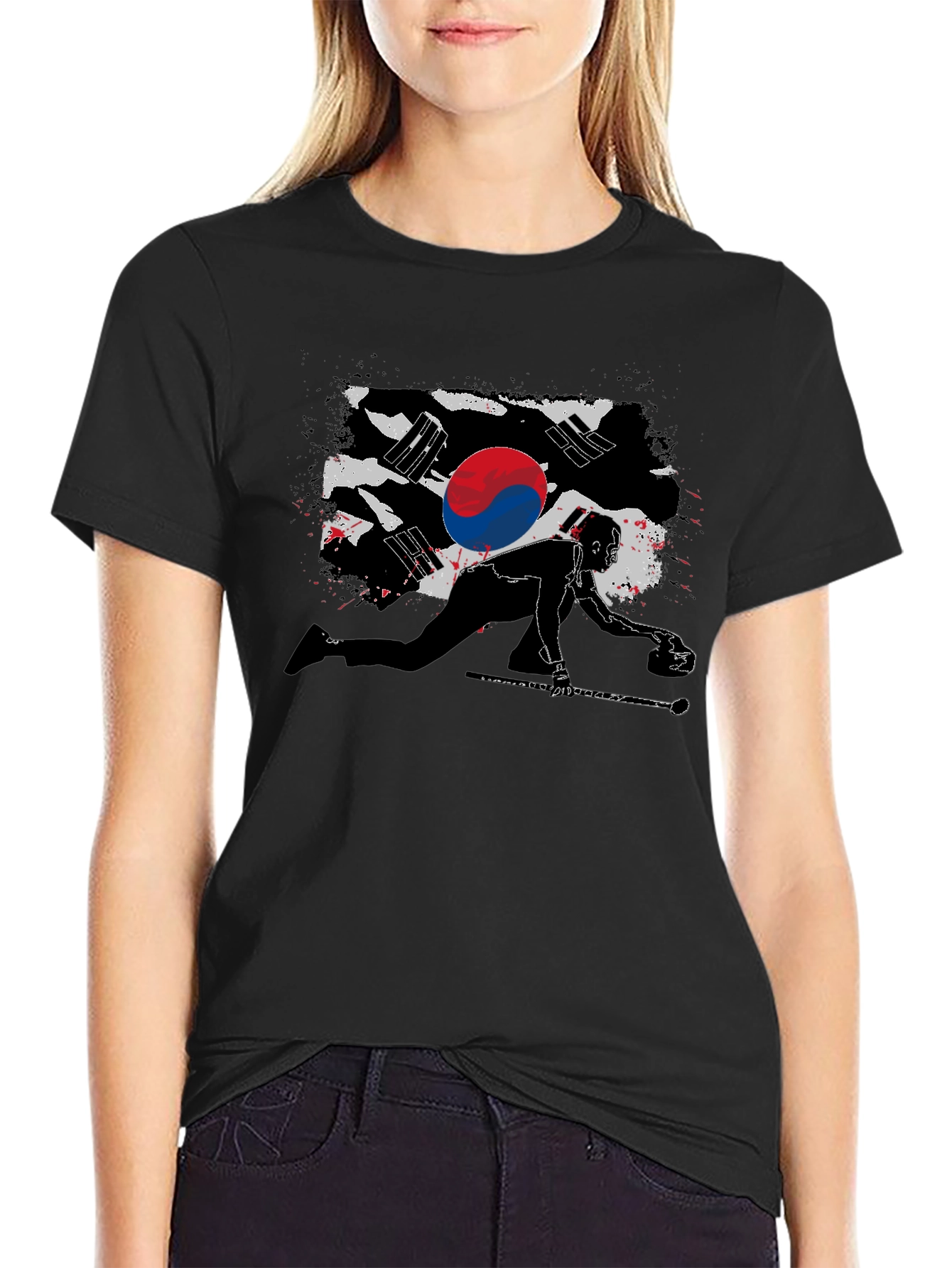 Korean Curling Flag Black T-Shirt