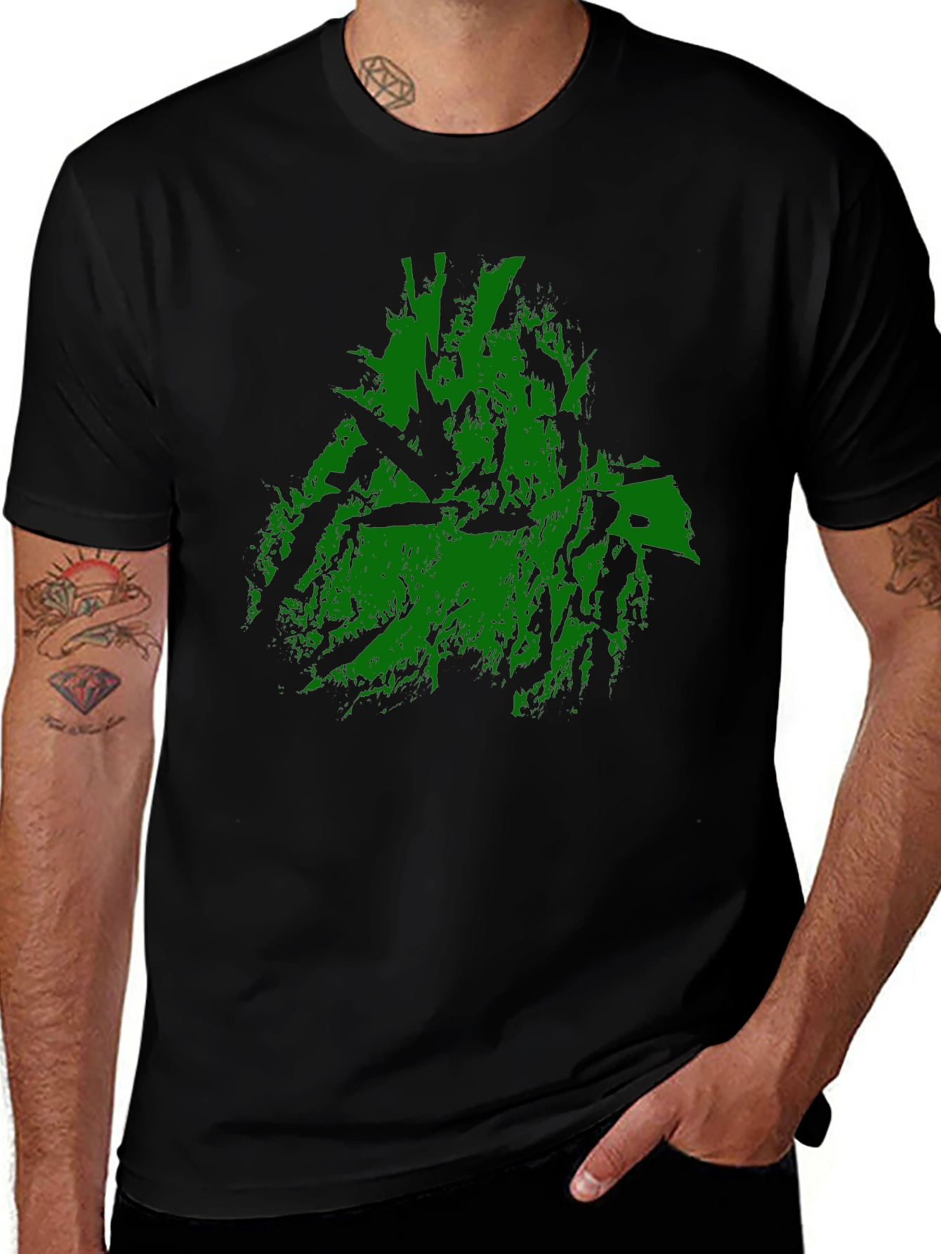 Green Abstract Graphic Print Black T-Shirt