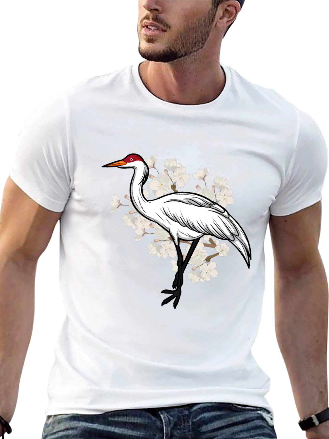 Crane and Cherry Blossom Graphic T-Shirt