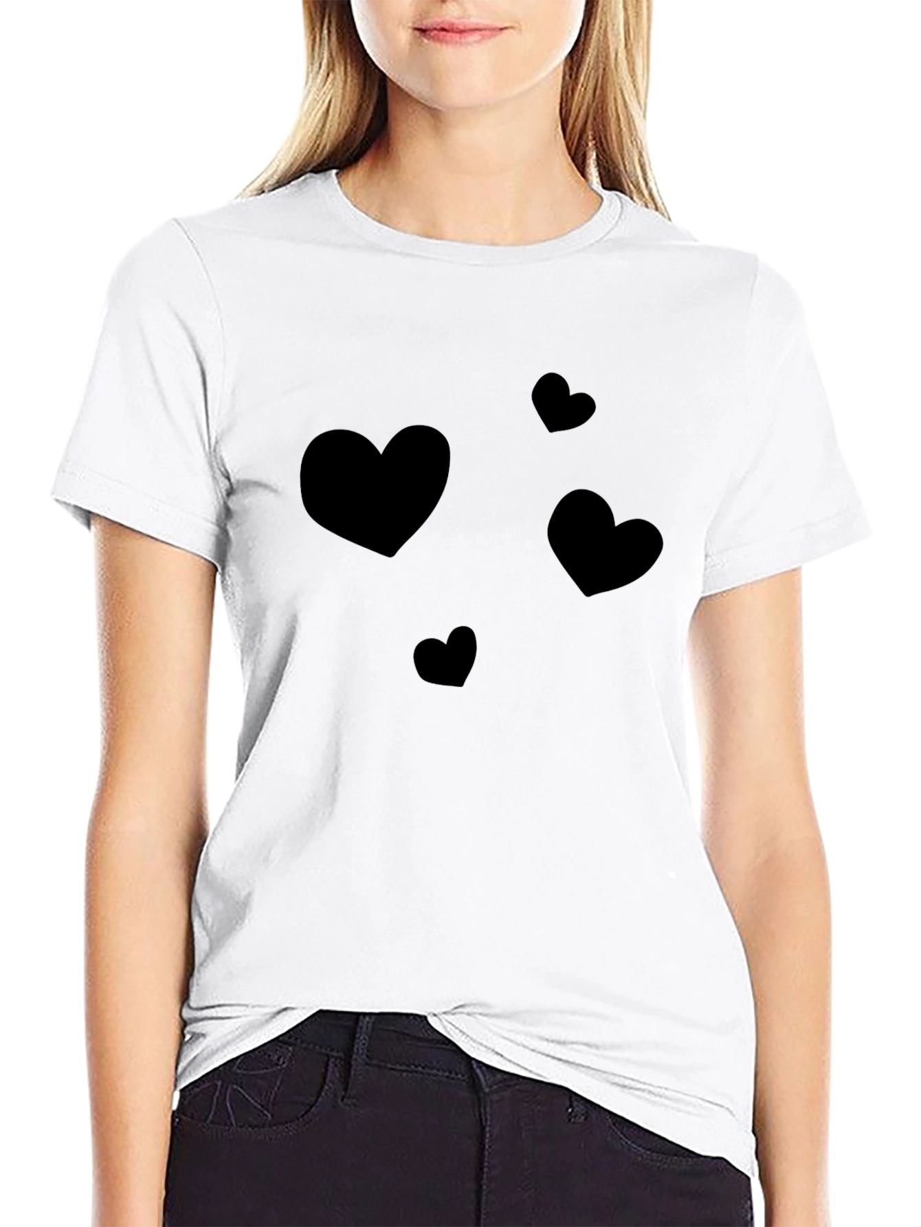 Heart Print Casual Black T-Shirt