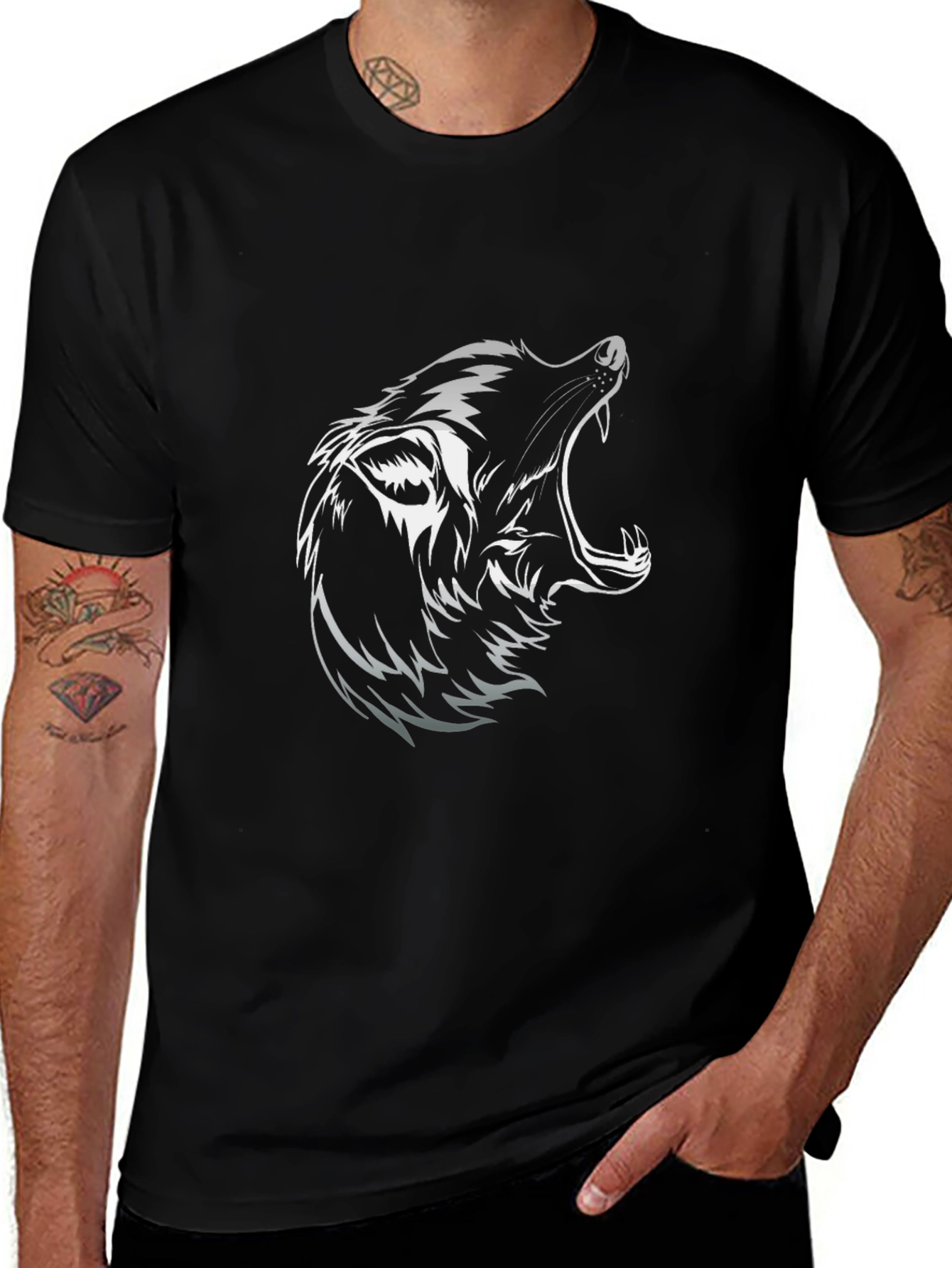 Mens Black T-Shirt with Wolf Graphic