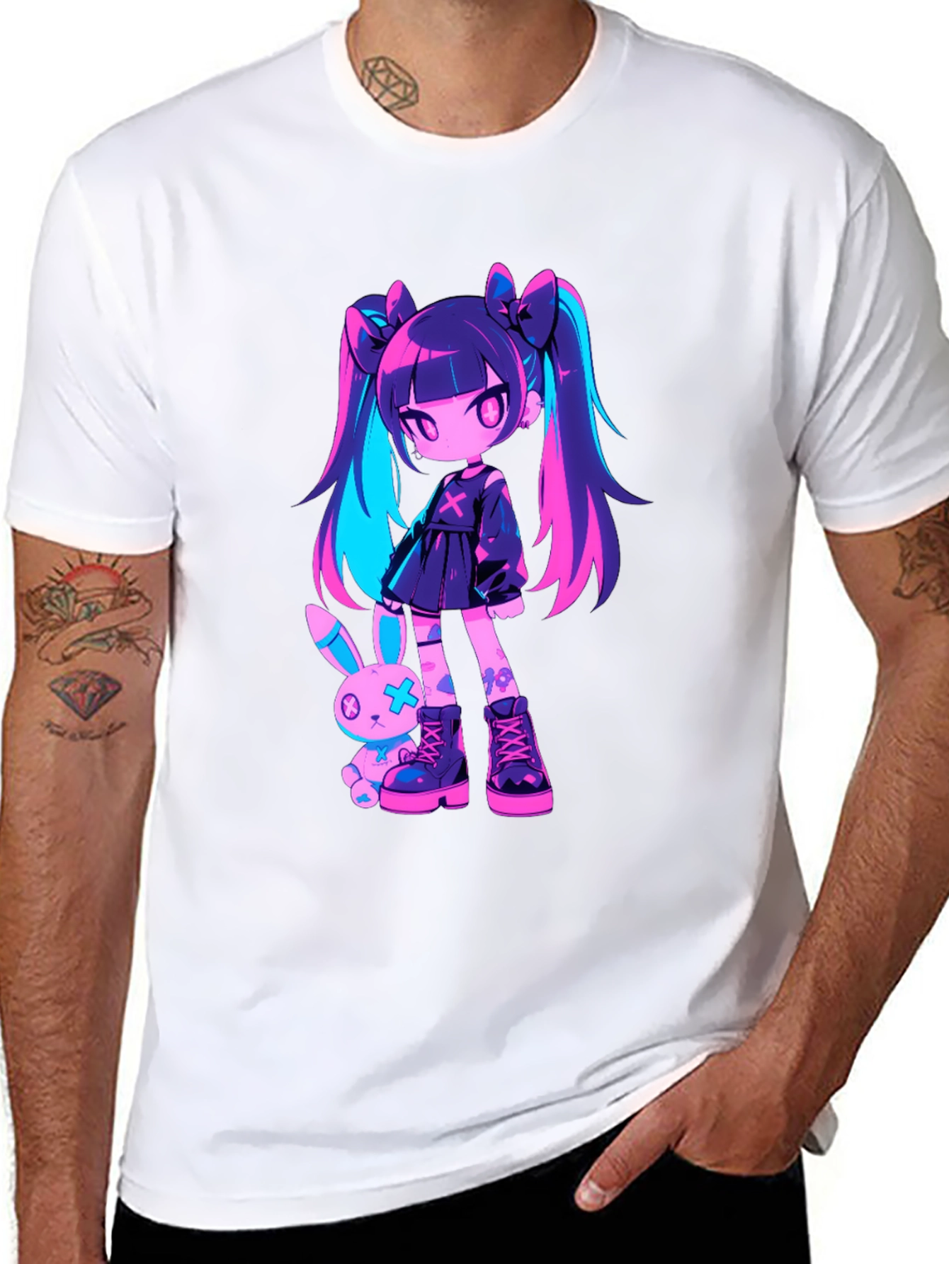 Anime Girl & Bunny Black T-Shirt