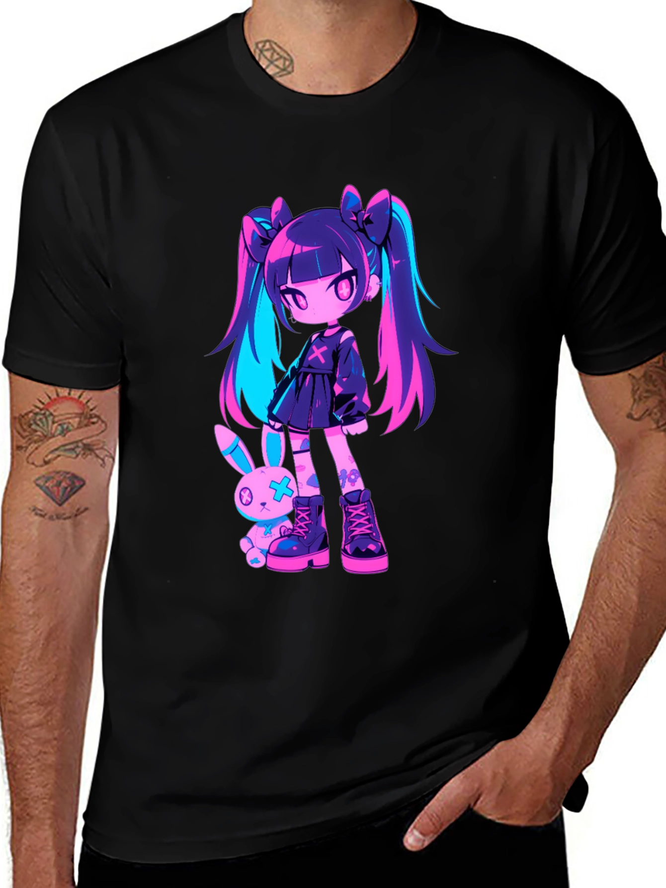 Anime Girl & Bunny Black T-Shirt