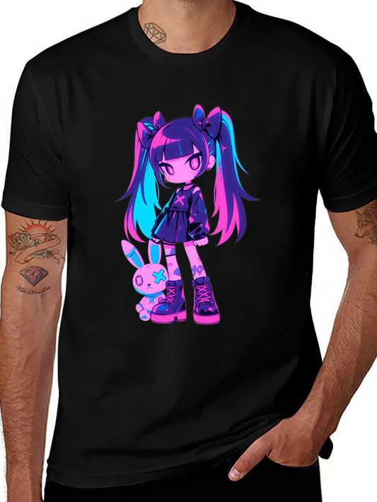 Anime Girl & Bunny Black T-Shirt