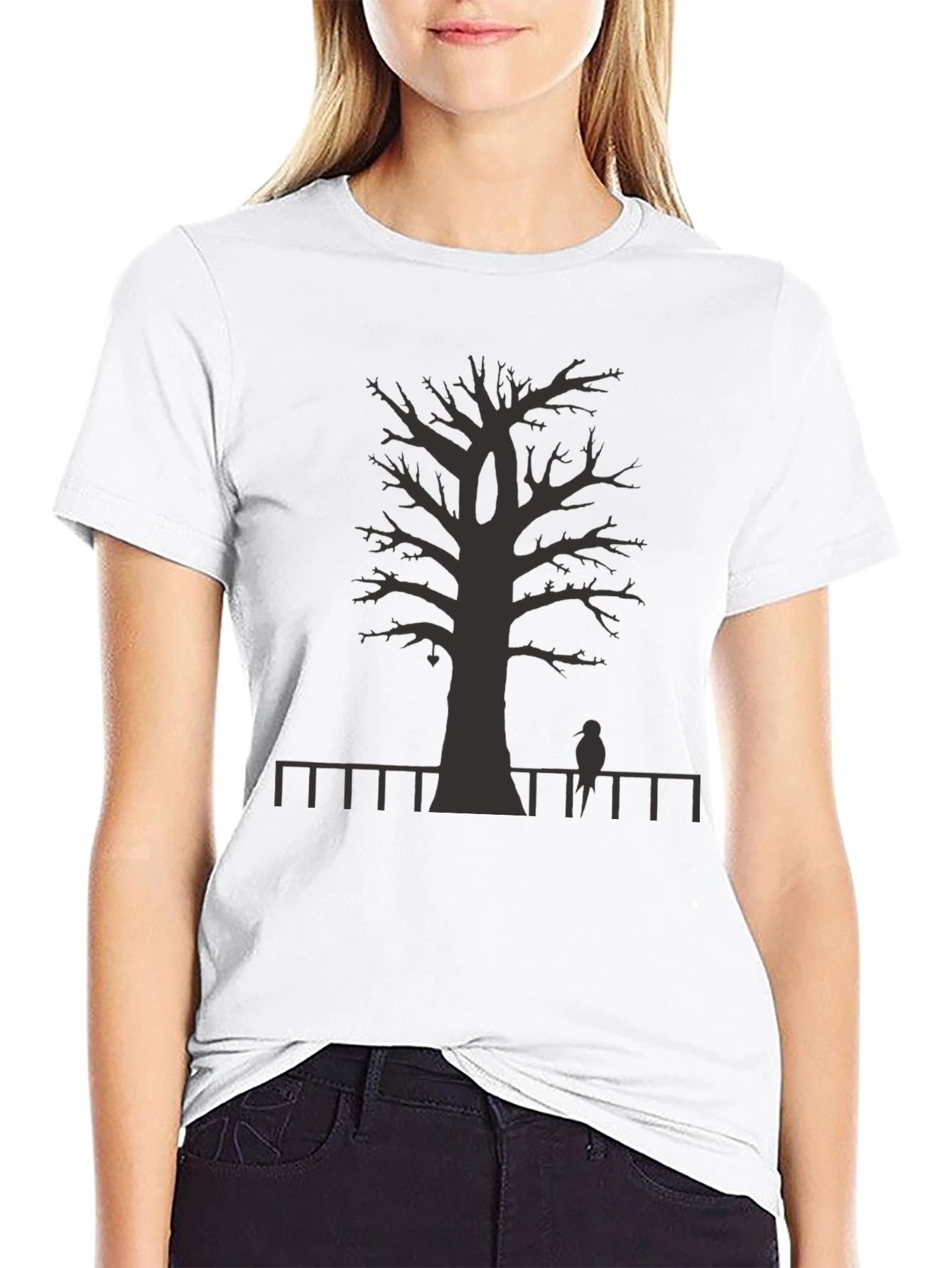 Mens Black T-shirt - Tree Fence Bird Design