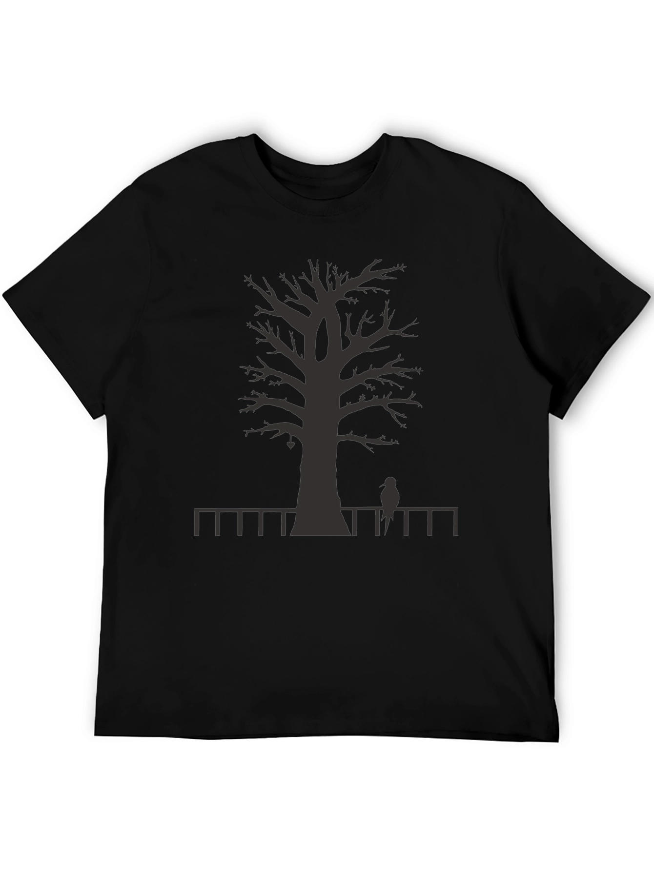 Mens Black T-shirt - Tree Fence Bird Design
