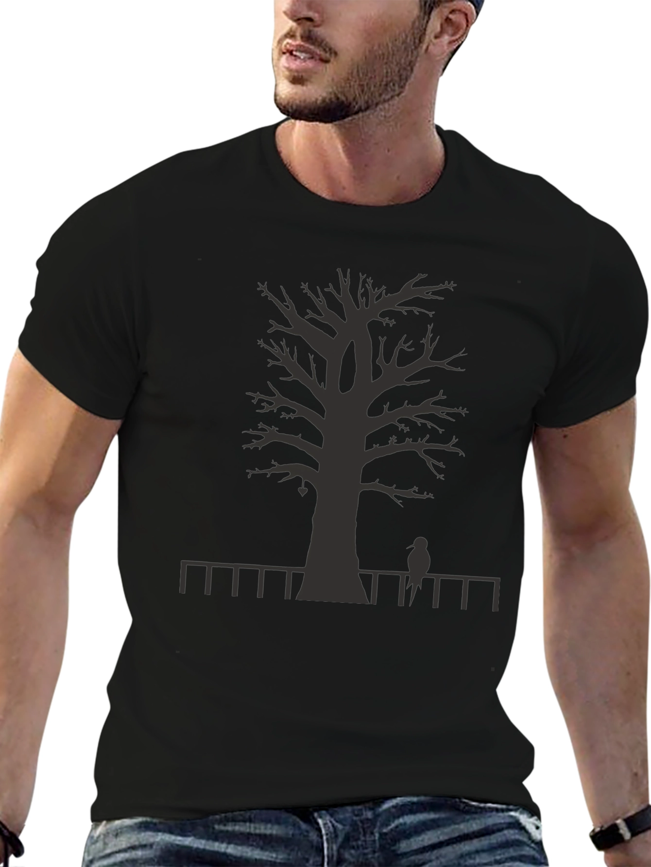Mens Black T-shirt - Tree Fence Bird Design