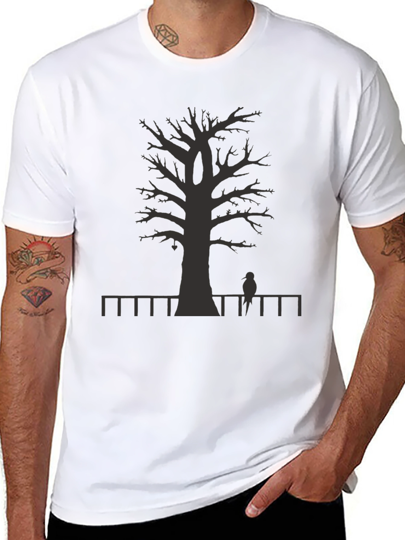 Mens Black T-shirt - Tree Fence Bird Design