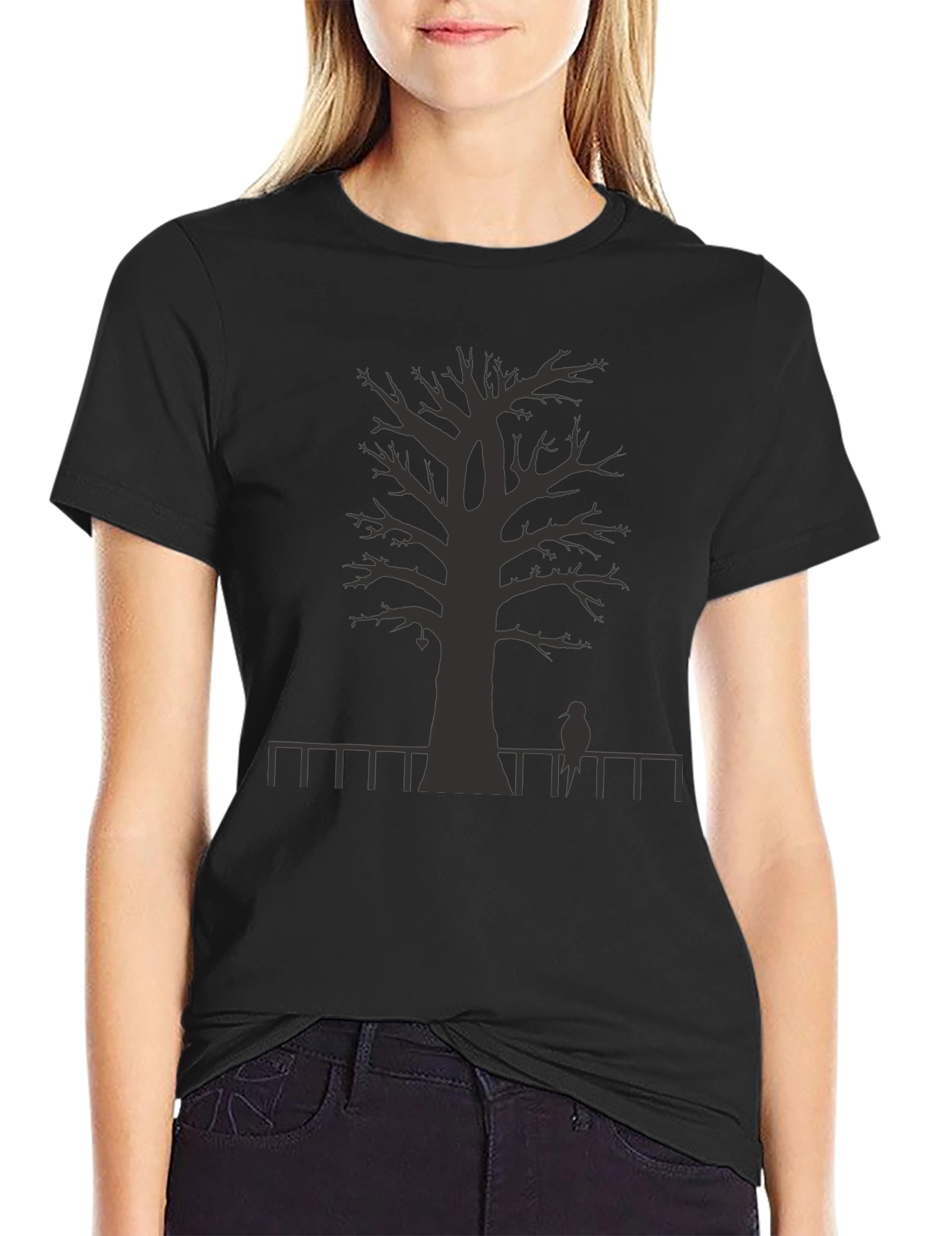 Mens Black T-shirt - Tree Fence Bird Design