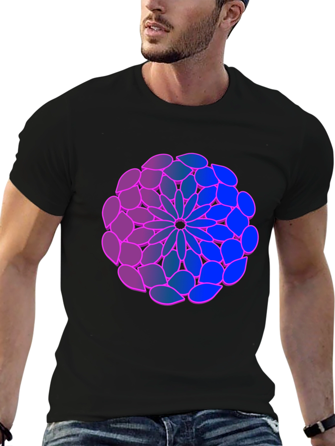 Geometric Flower T-Shirt: Blue-Purple Gradient Design