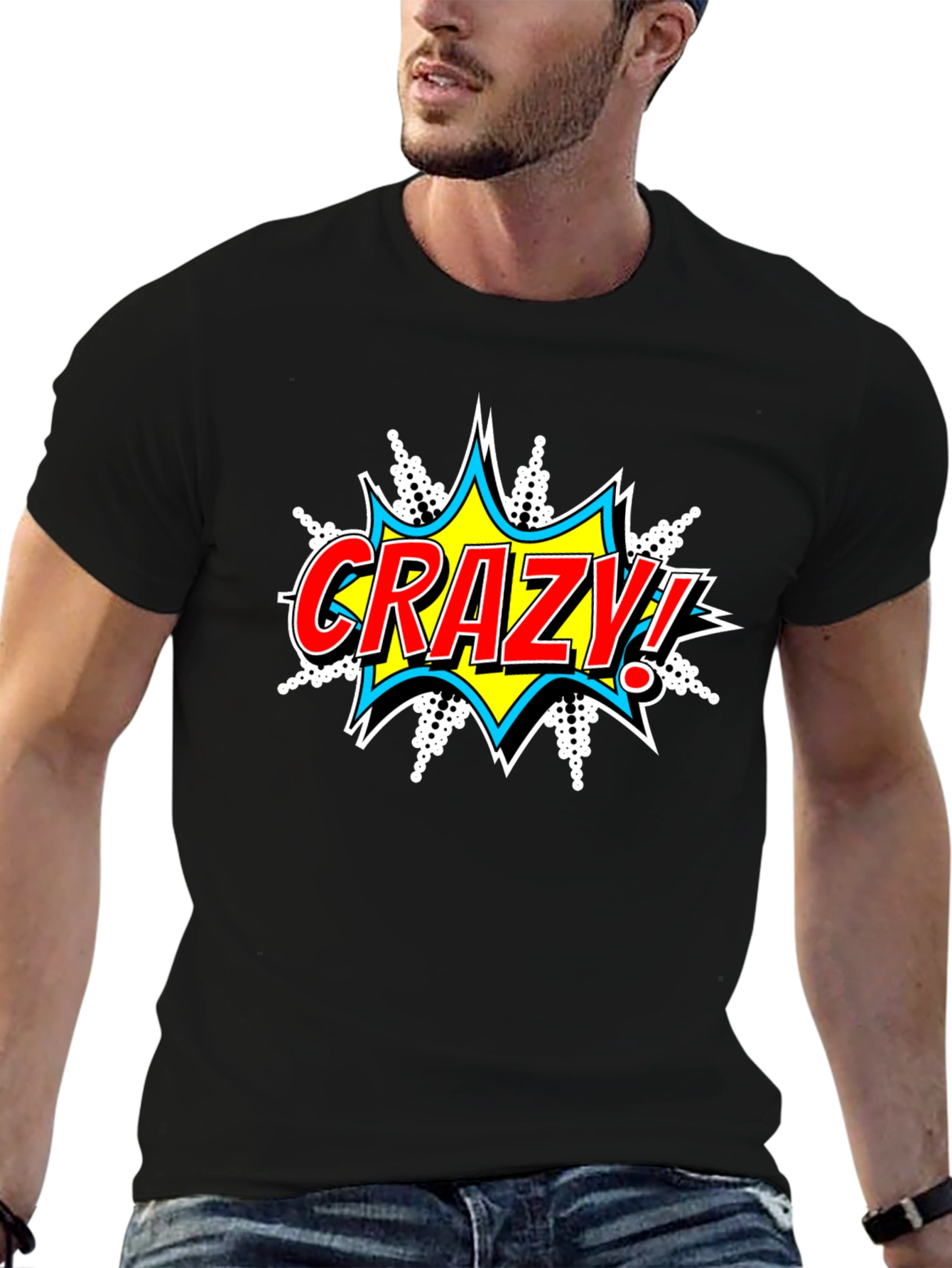Crazy Comic Burst Graphic Tee - Black Cotton T-Shirt