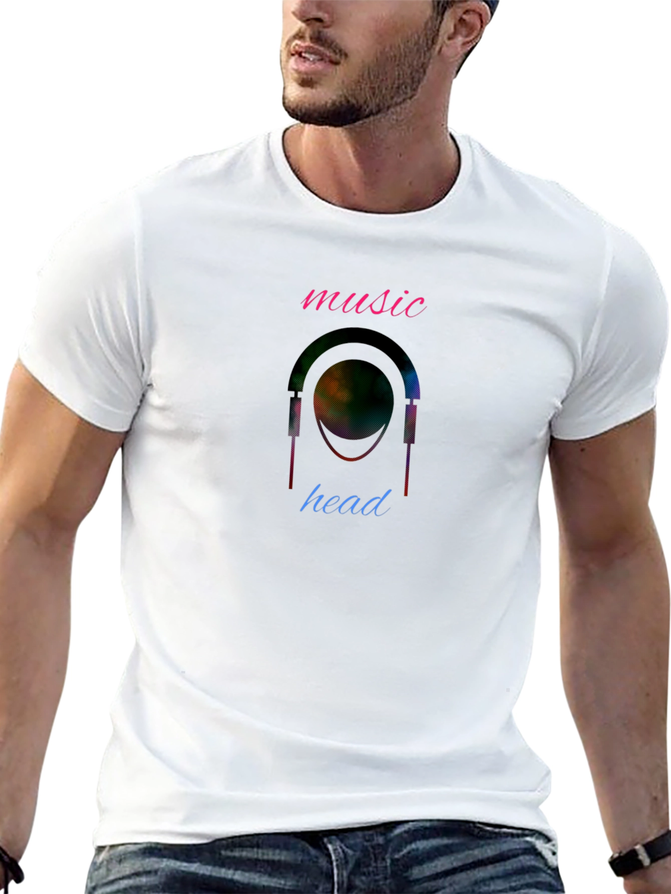 Music Head Graphic T-Shirt - Stylish Crew Neck Tee