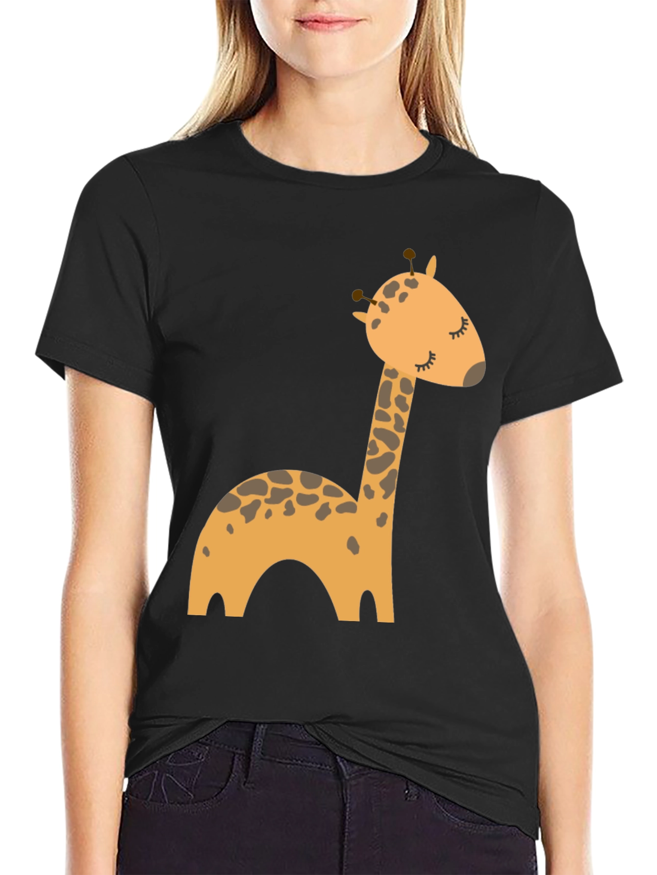 Cute Giraffe Cartoon Black T-Shirt