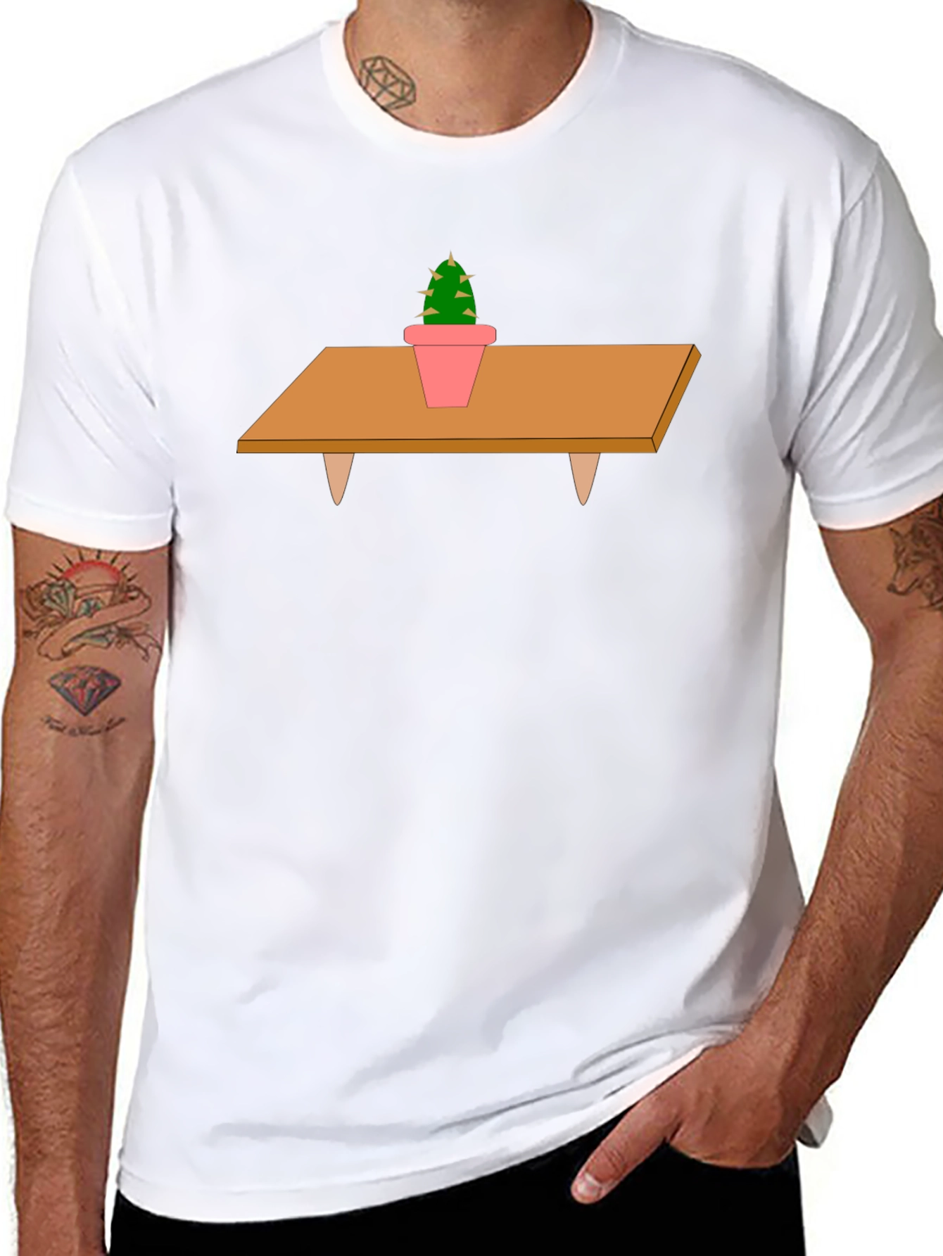 Cactus on Table Graphic T-Shirt - Unique Print Tee
